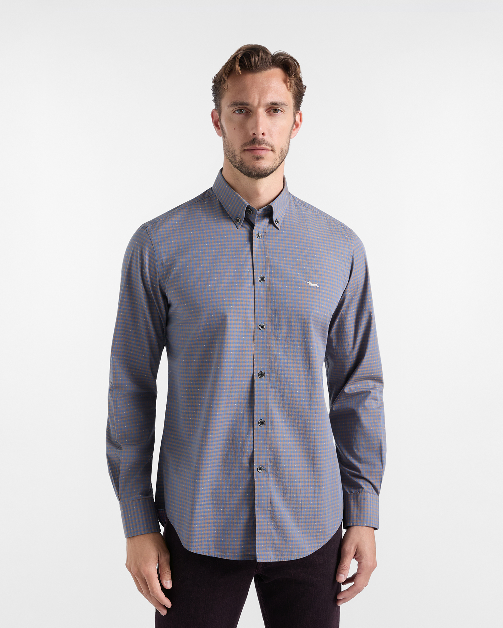 Men&rsquo;s dark brown micro-check fil coup&eacute; cotton shirt