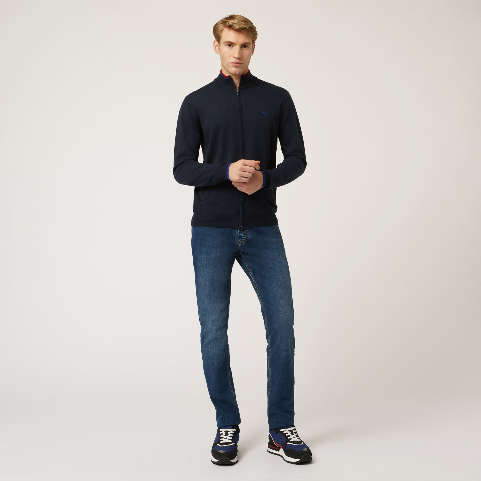 Felpa Full Zip In Cotone E Lana, Blu Navy, large image number 3
