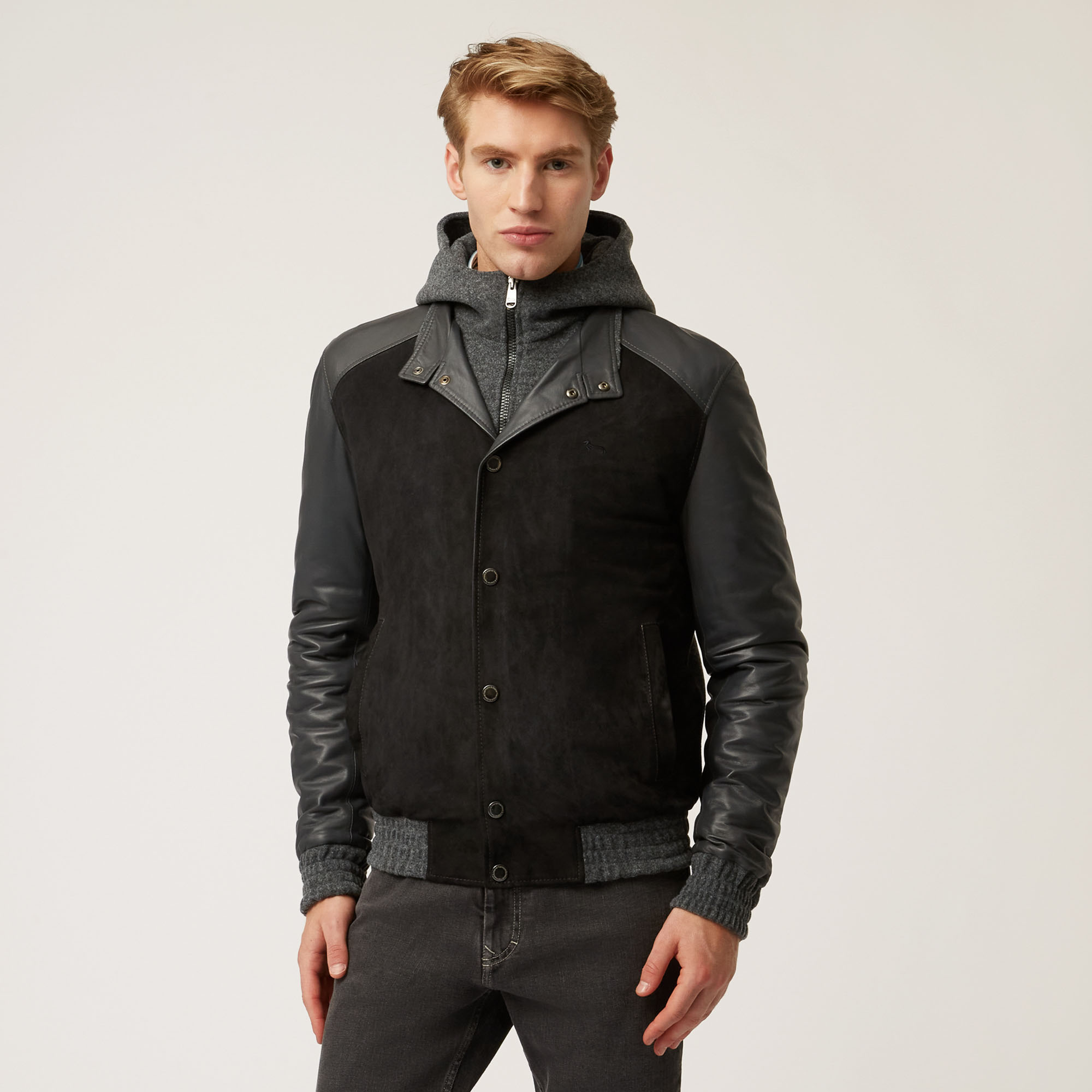 Genuine Leather Bomber Jacket With Detachable Front Part, Black, large image number 0