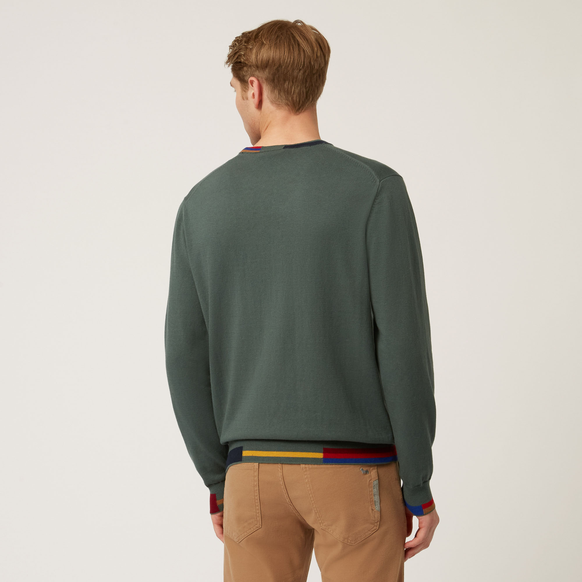 Pullover Girocollo In Cotone E Lana Con Dettagli A Contrasto, Verde Petrolio, large image number 1