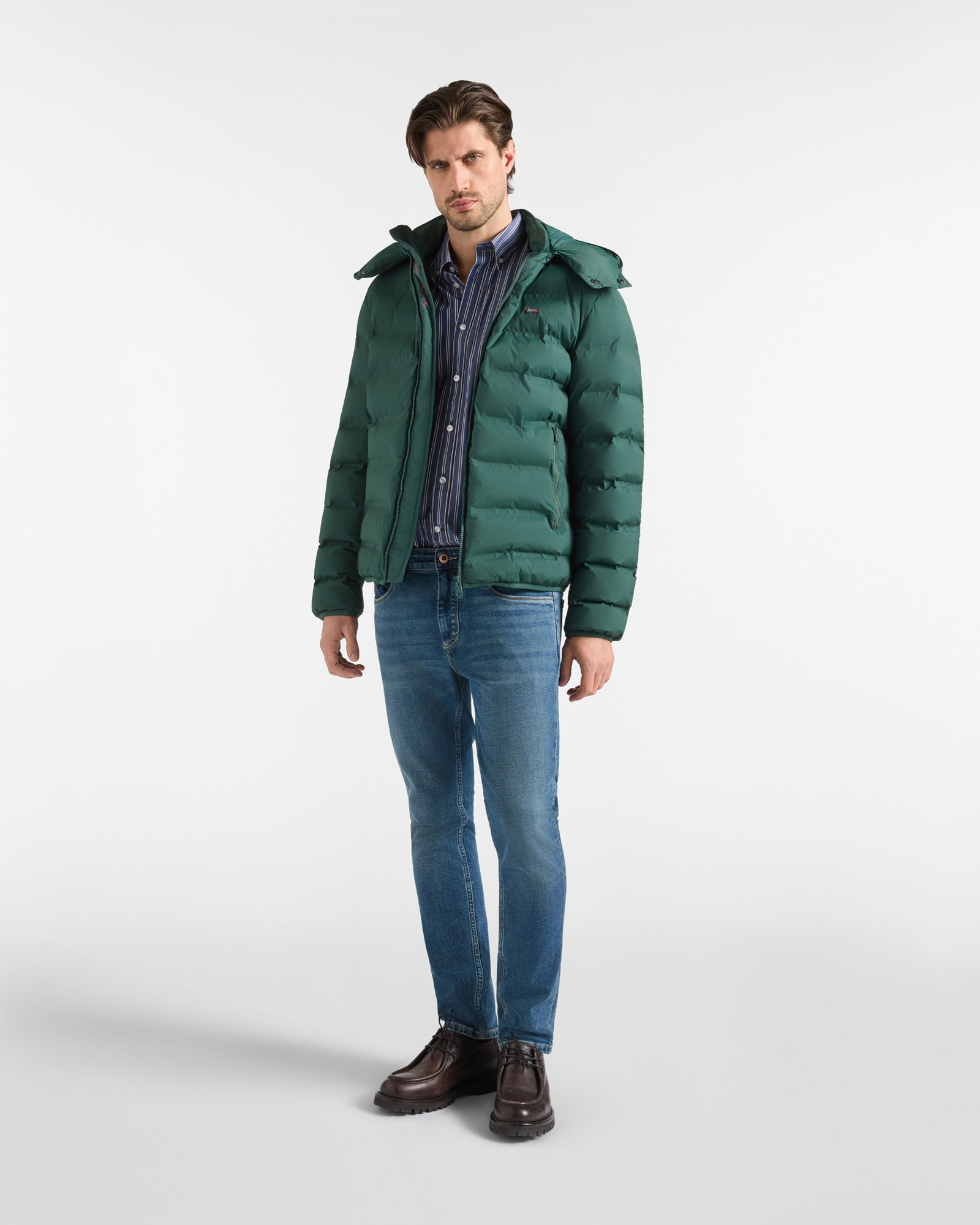 Men&rsquo;s Padded Bomber Jacket in Stretch Technical Nylon, BOTTLE GREEN, large