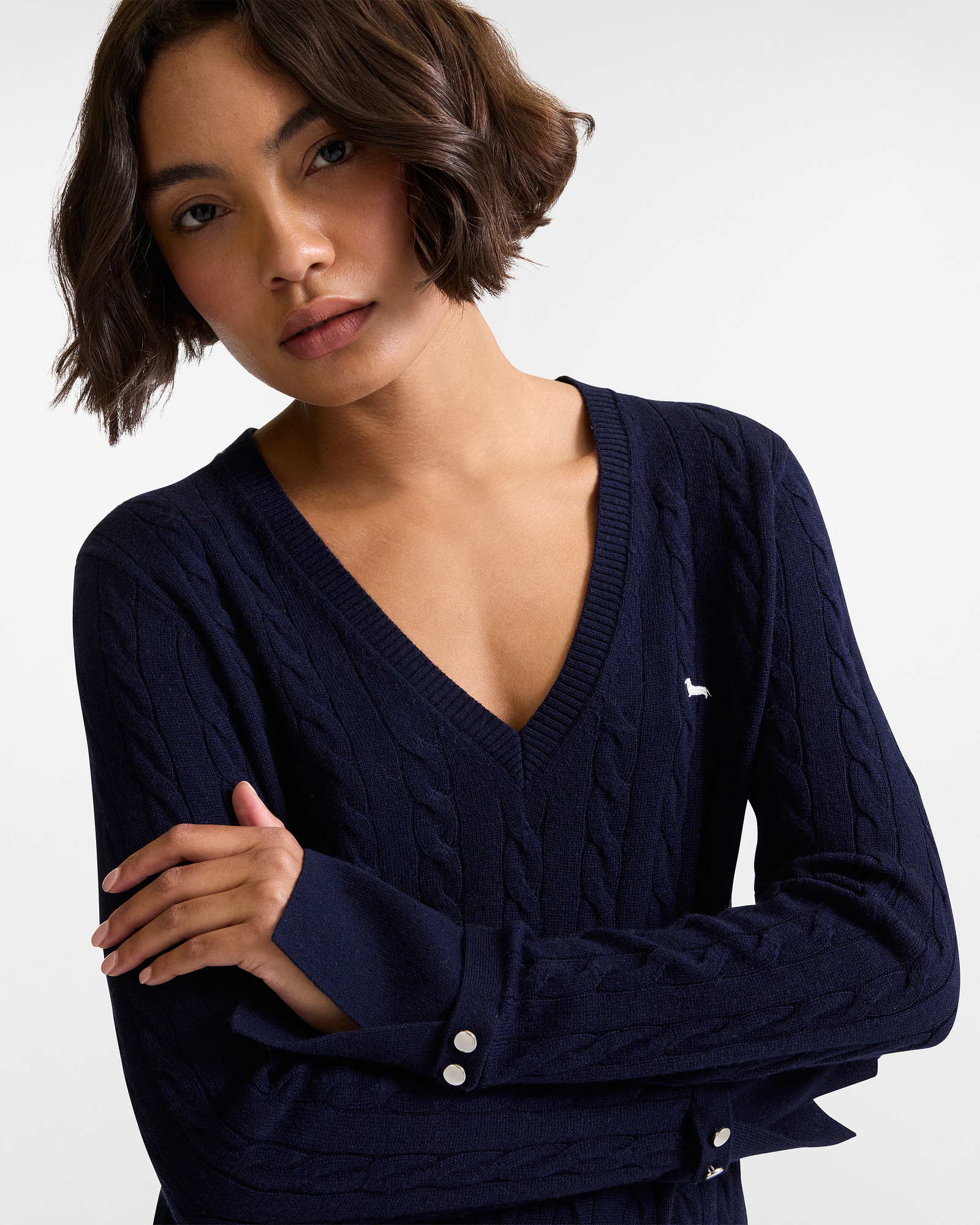 V-Ausschnitt Pullover mit Zopfmuster, Navyblau, large image number 2