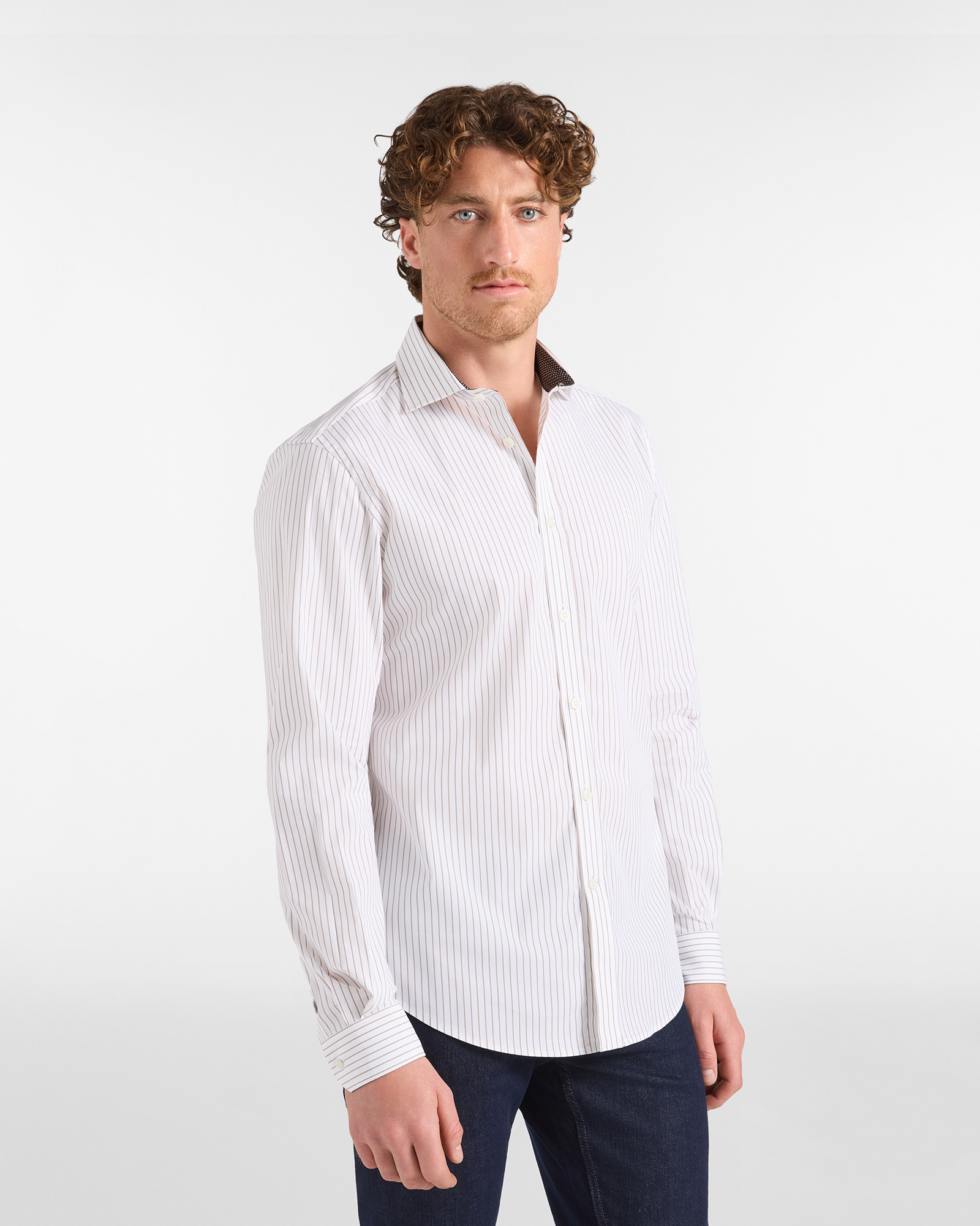 Camicia HBJ Uomo a righe Narrow Fit in cotone stretch bianco/beige