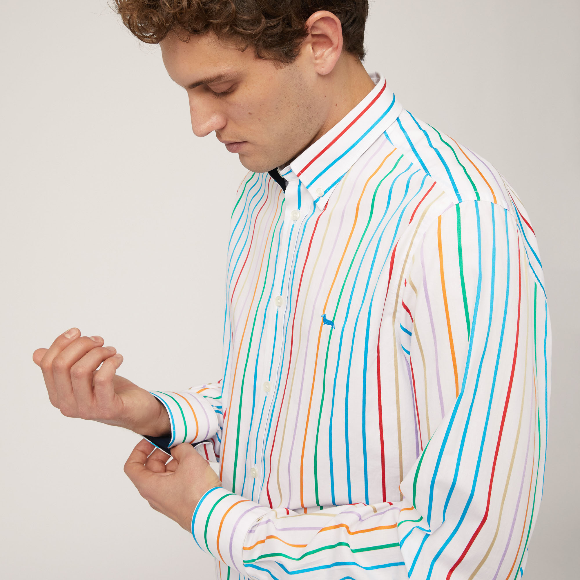 Multicolored-Stripe Cotton Shirt, White, large image number 2