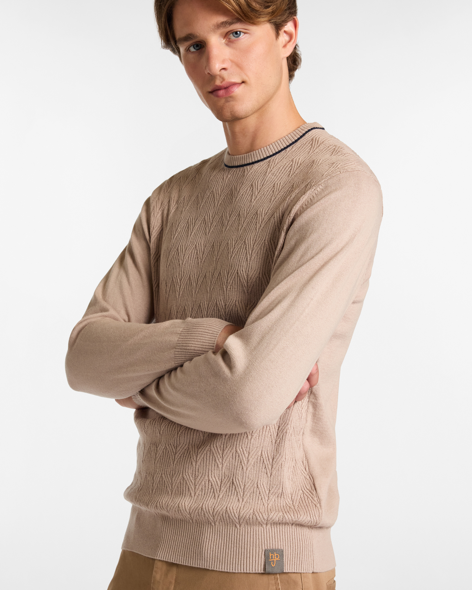 Crew Neck Sweater with Herringbone Stitch, Beige, large image number 2