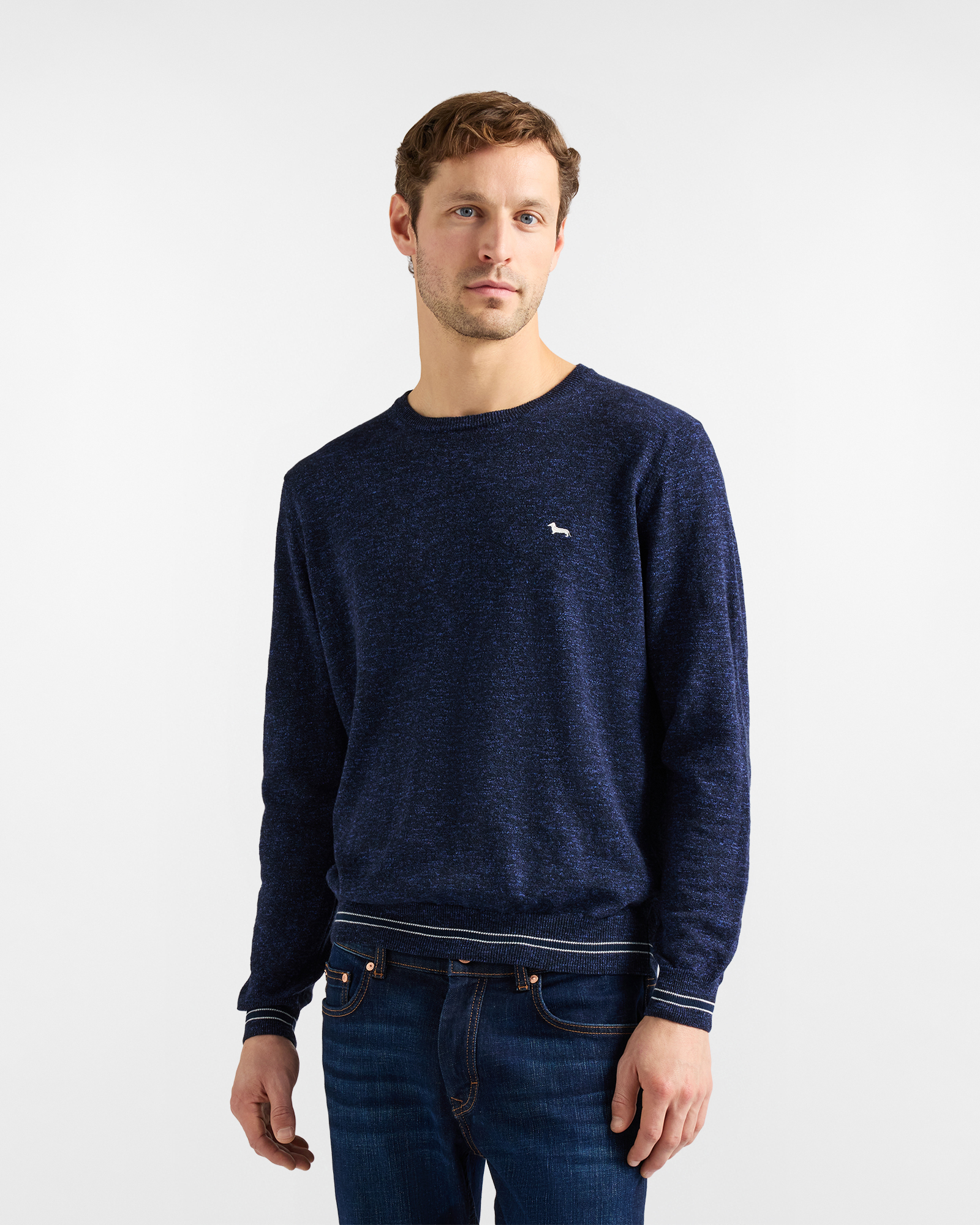 Jersey de hombre de cuello redondo en mezcla de algod&oacute;n y lino con efecto tweed