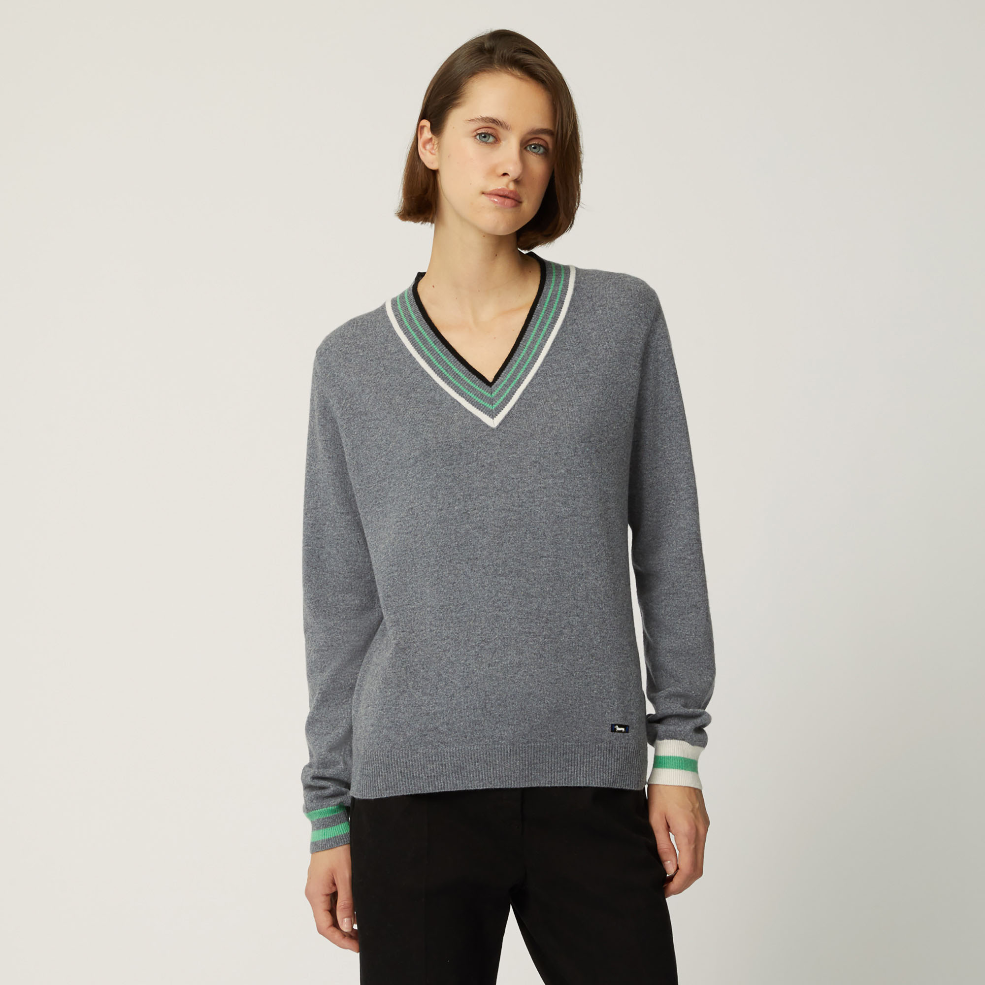 Pullover In Cashmere Con Dettagli Rigati, Grigio, large image number 0