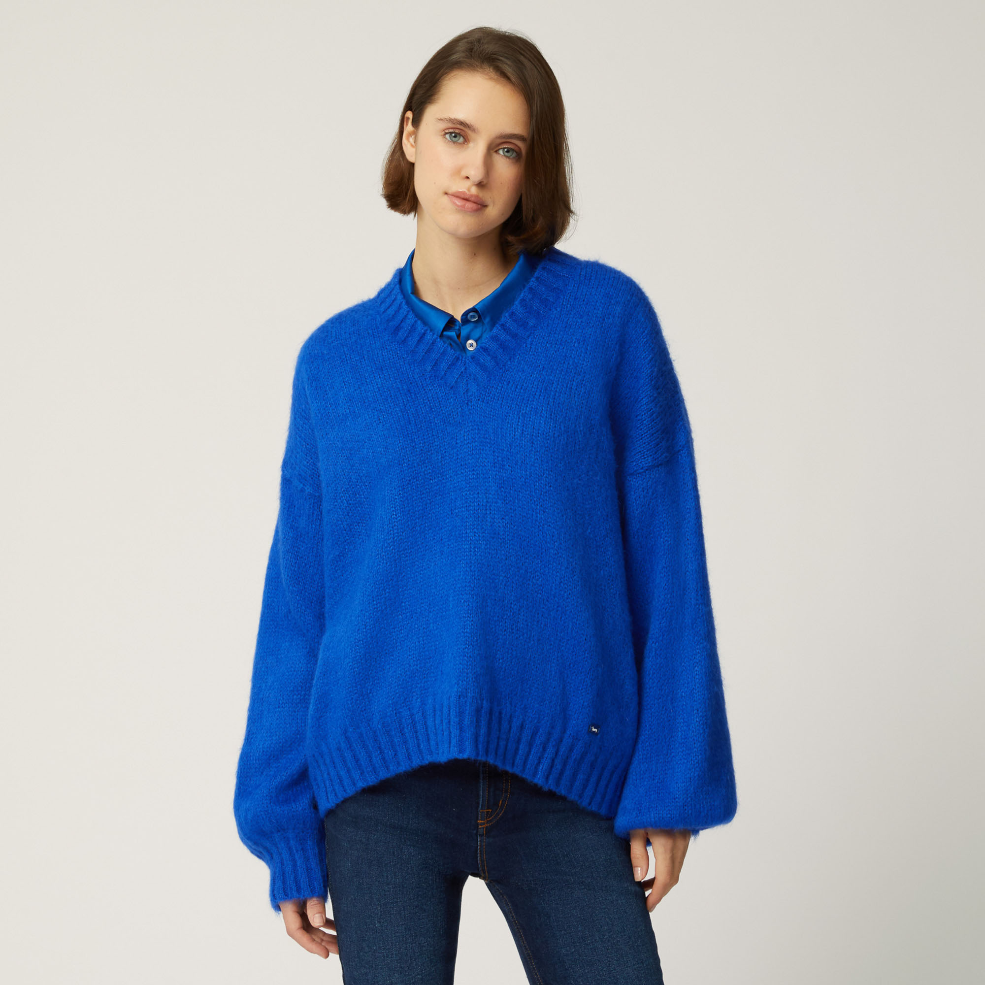 V-Neck Pullover With Puffed Sleeves, Light Blue, large