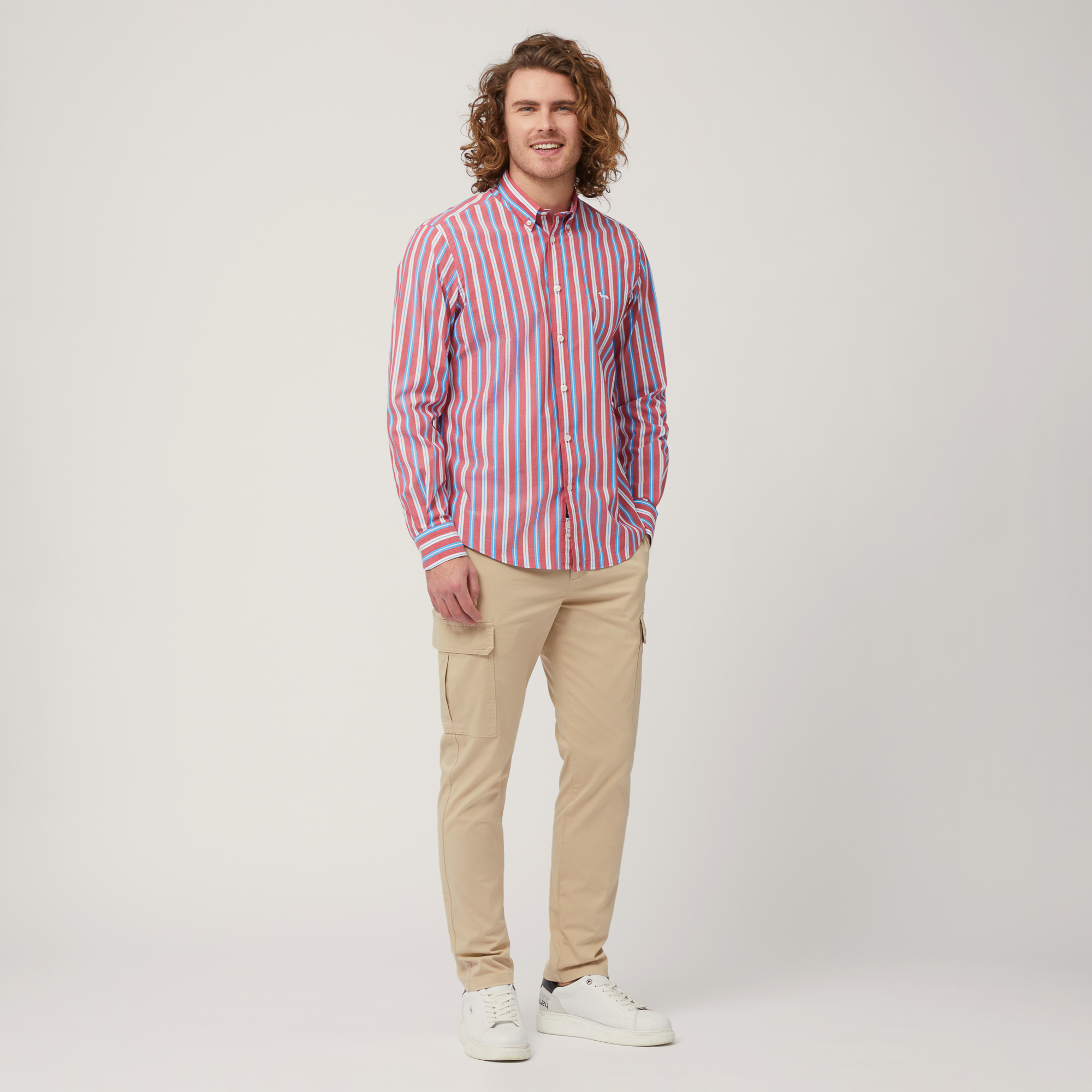 Stretch Cotton Shirt with Alternating Stripes, Light Red, large image number 3
