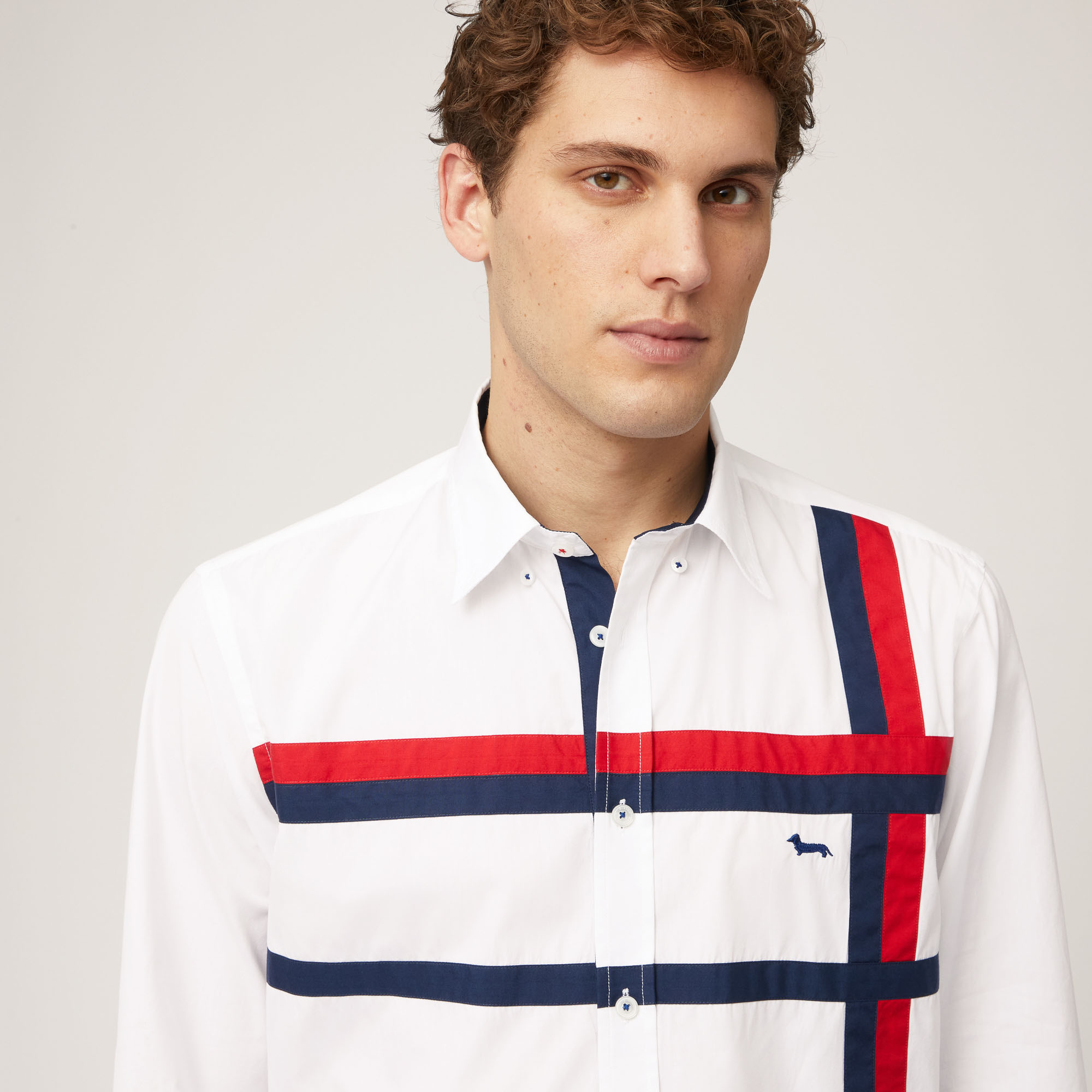 Cotton Shirt with Two-Tone Bands, White, large image number 2