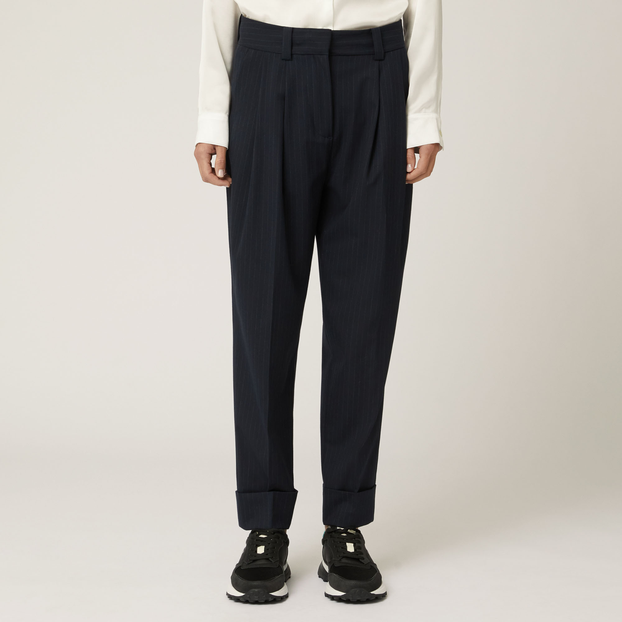 Pantalone In Tessuto Gessato Stretch, Blu Navy, large image number 0