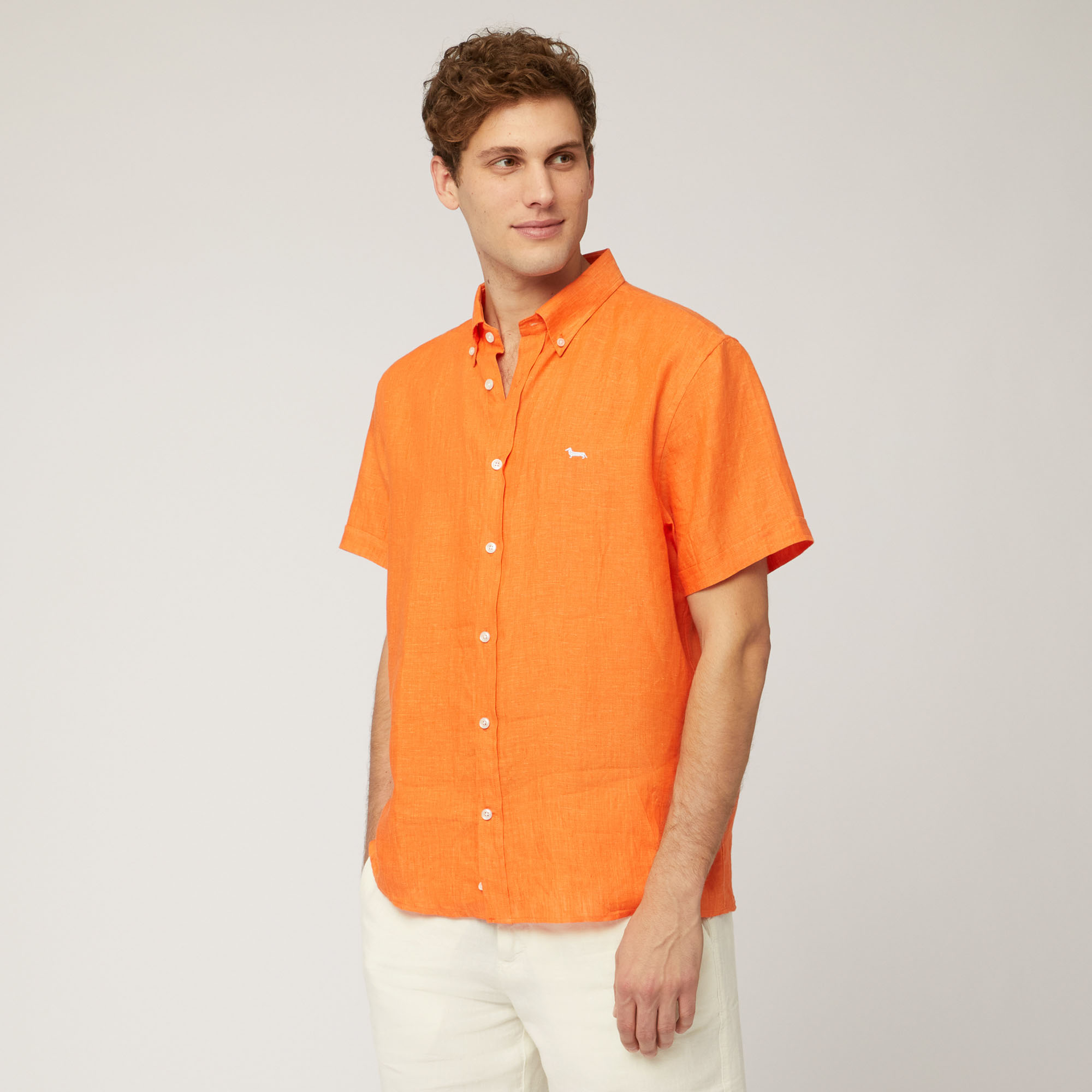 Linen Short-Sleeved Shirt, Orange, large