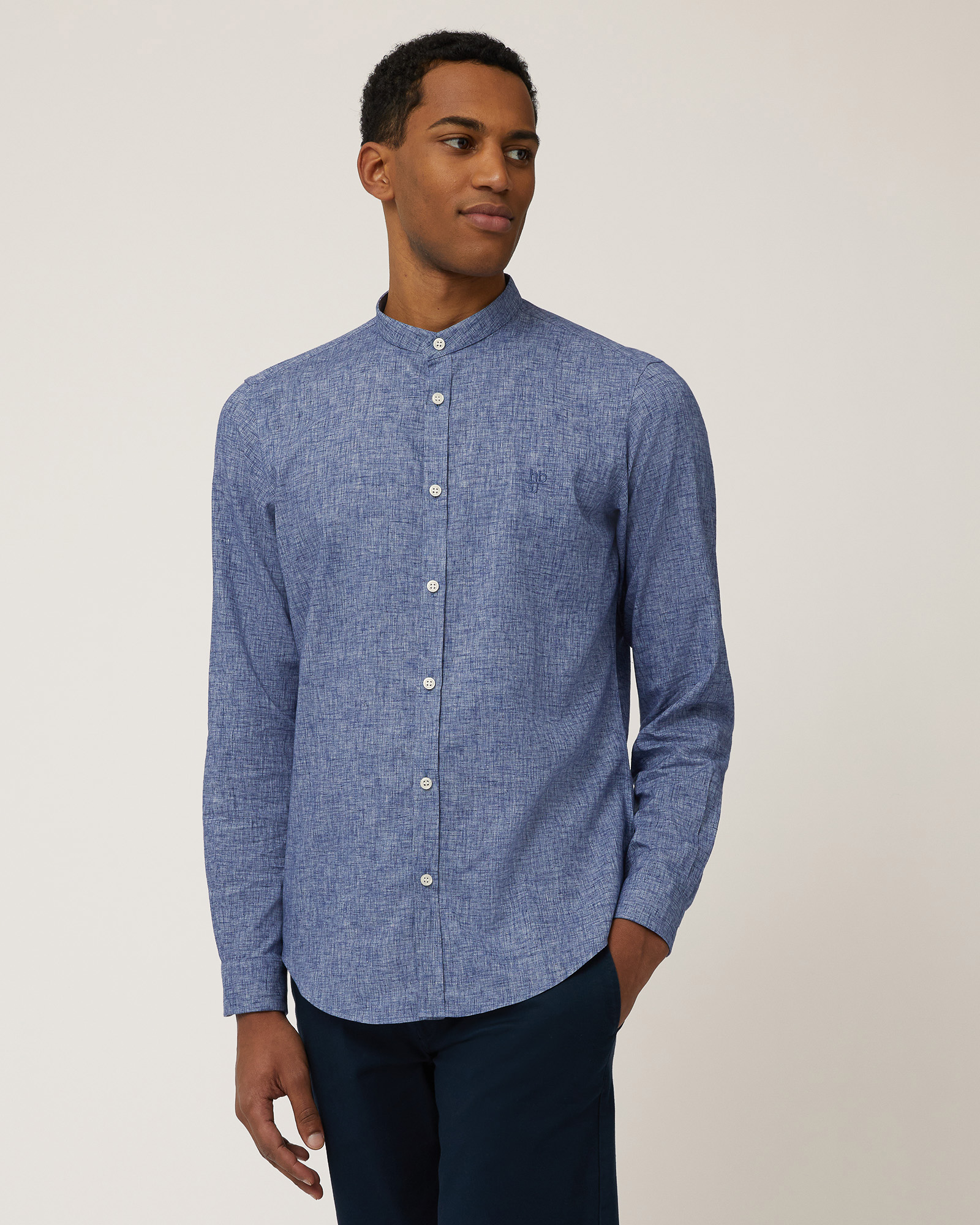 Camicia Coreana Misto Cotone, Blu Scuro, large