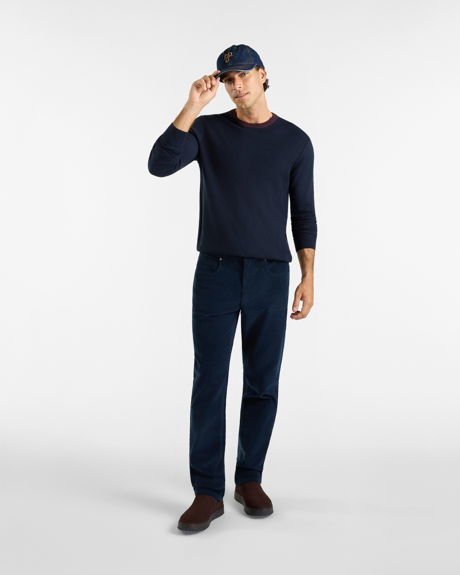 Maglia girocollo HBJ Uomo collo a contrasto in misto lana e cashmere, BLU SCURO, large