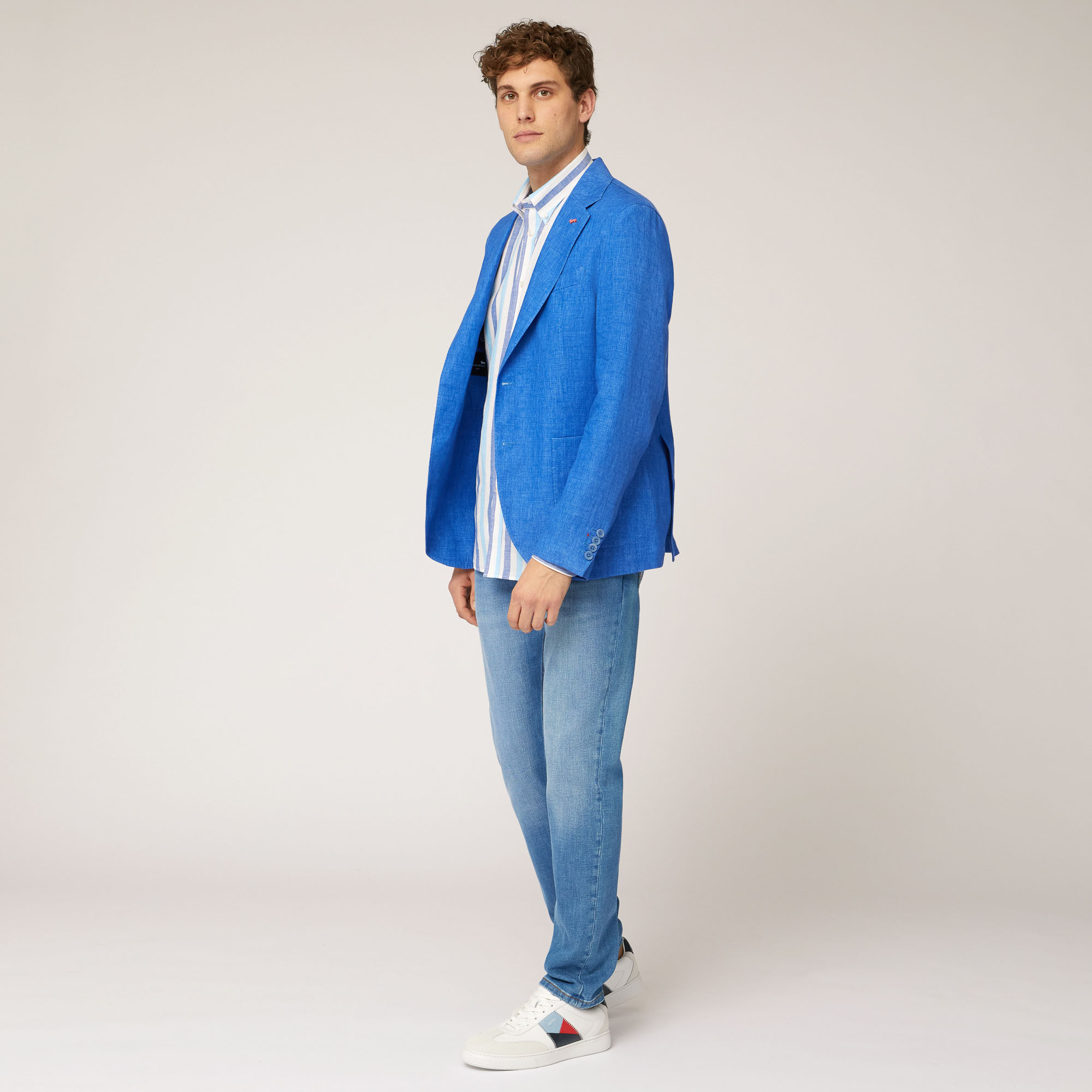 Camisa de lino y algodón a rayas, Azul, large image number 3