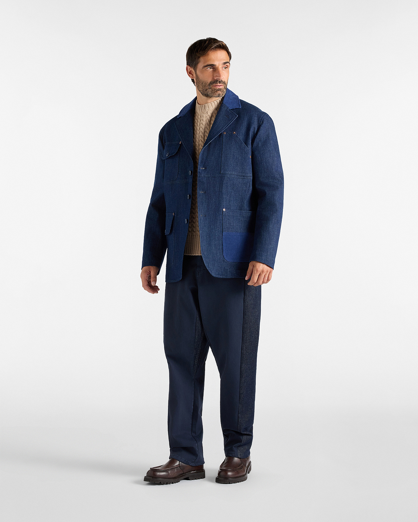 Re-Loved Men&rsquo;s Stretch Cotton Denim Jacket with Velvet Details, Made in Italy, DENIM BLUE, large