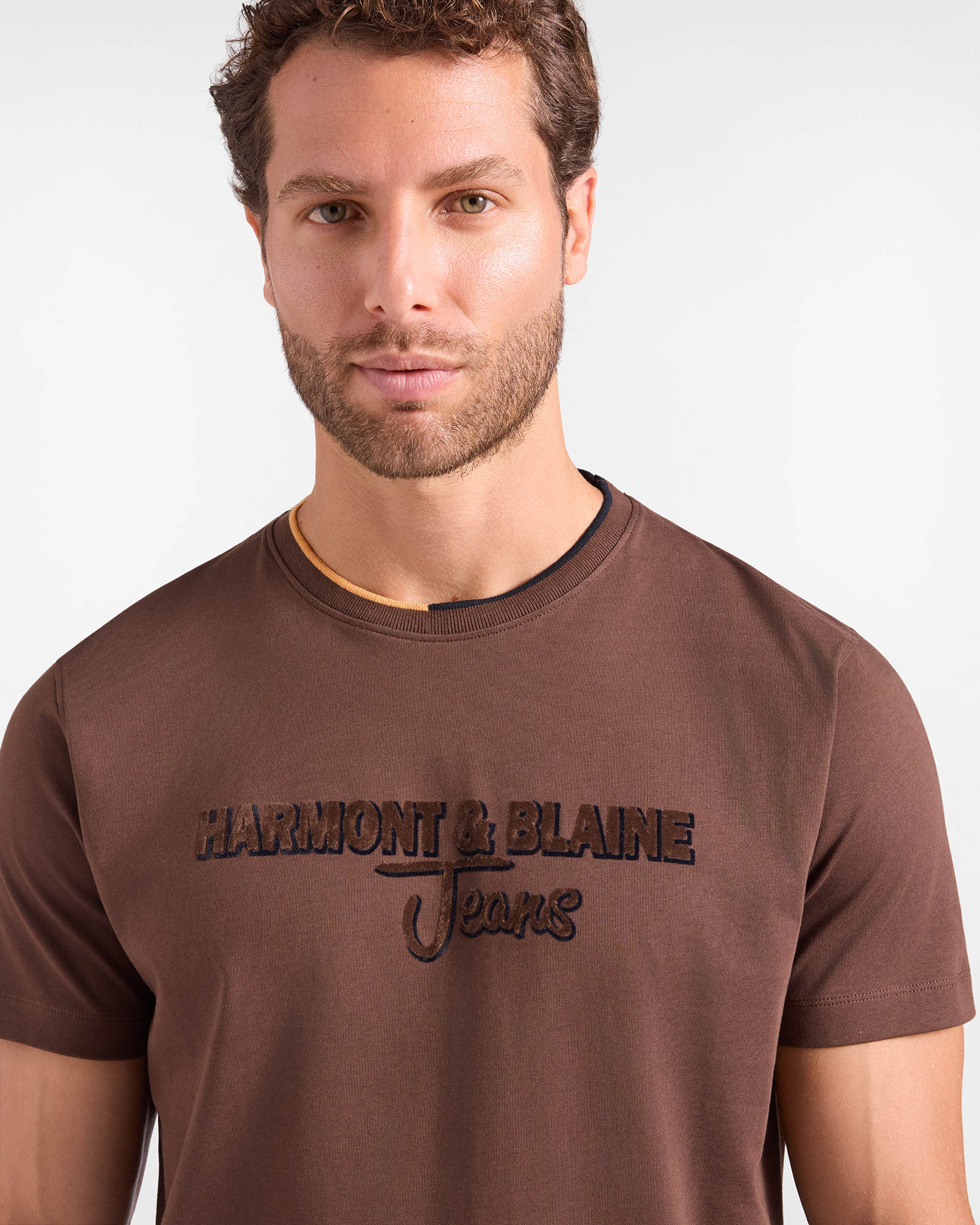 T-shirt HBJ Uomo con Stampa Flock in Puro Cotone, MARRONE, large