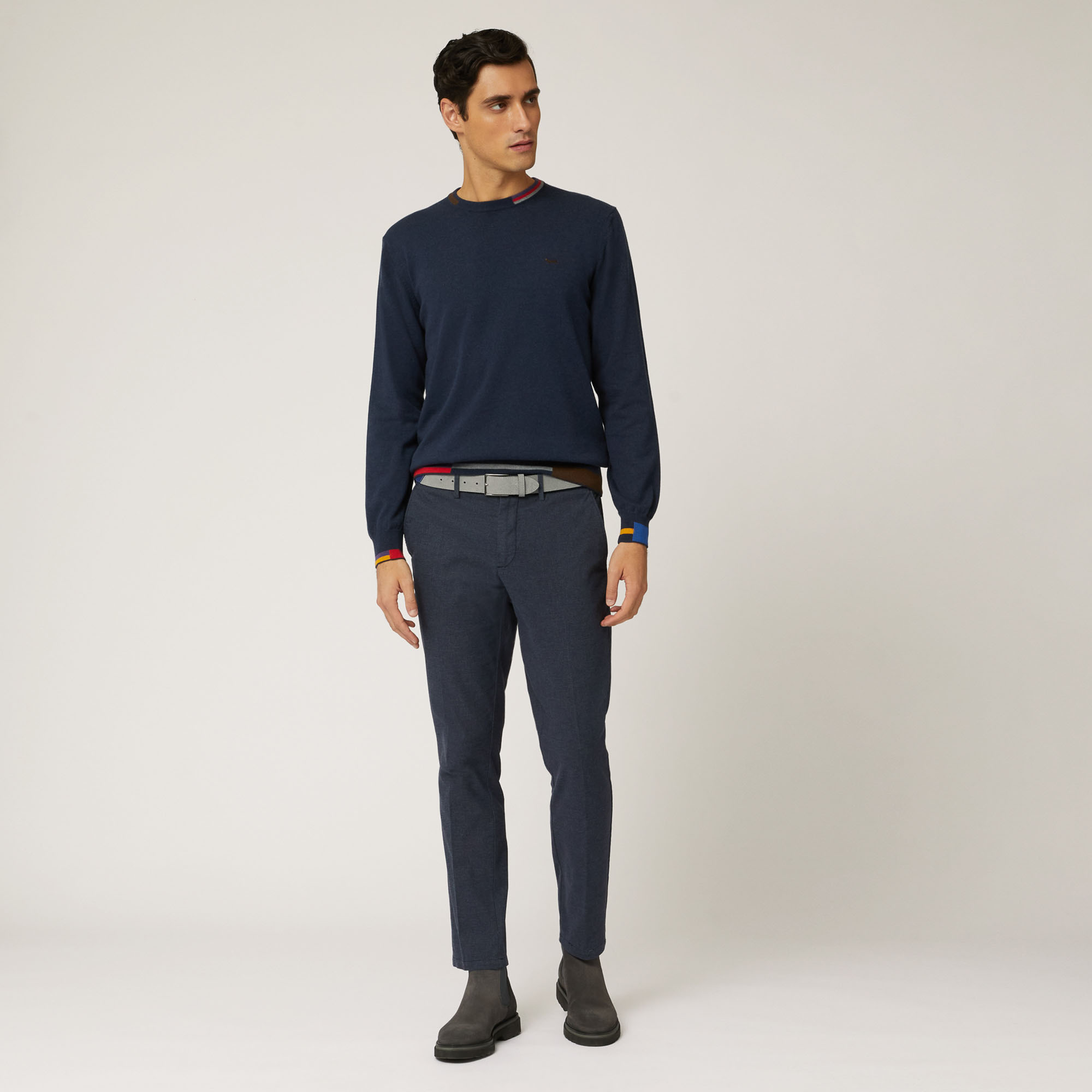 Cotton And Wool Crew-Neck Pullover With Contrasting Details, Blue, large image number 3