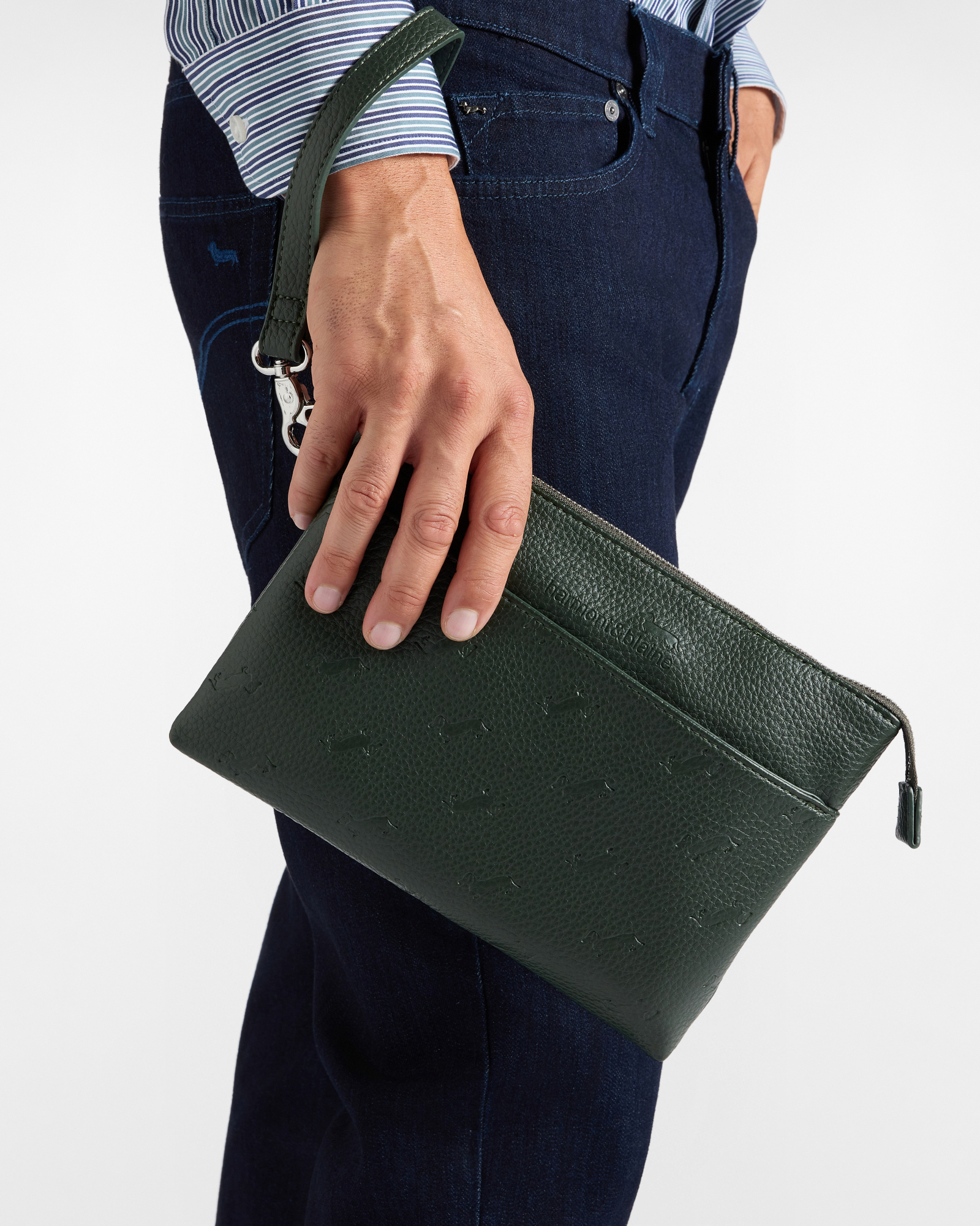 Men&rsquo;s flat beige clutch with handle and all-over dachshund pattern