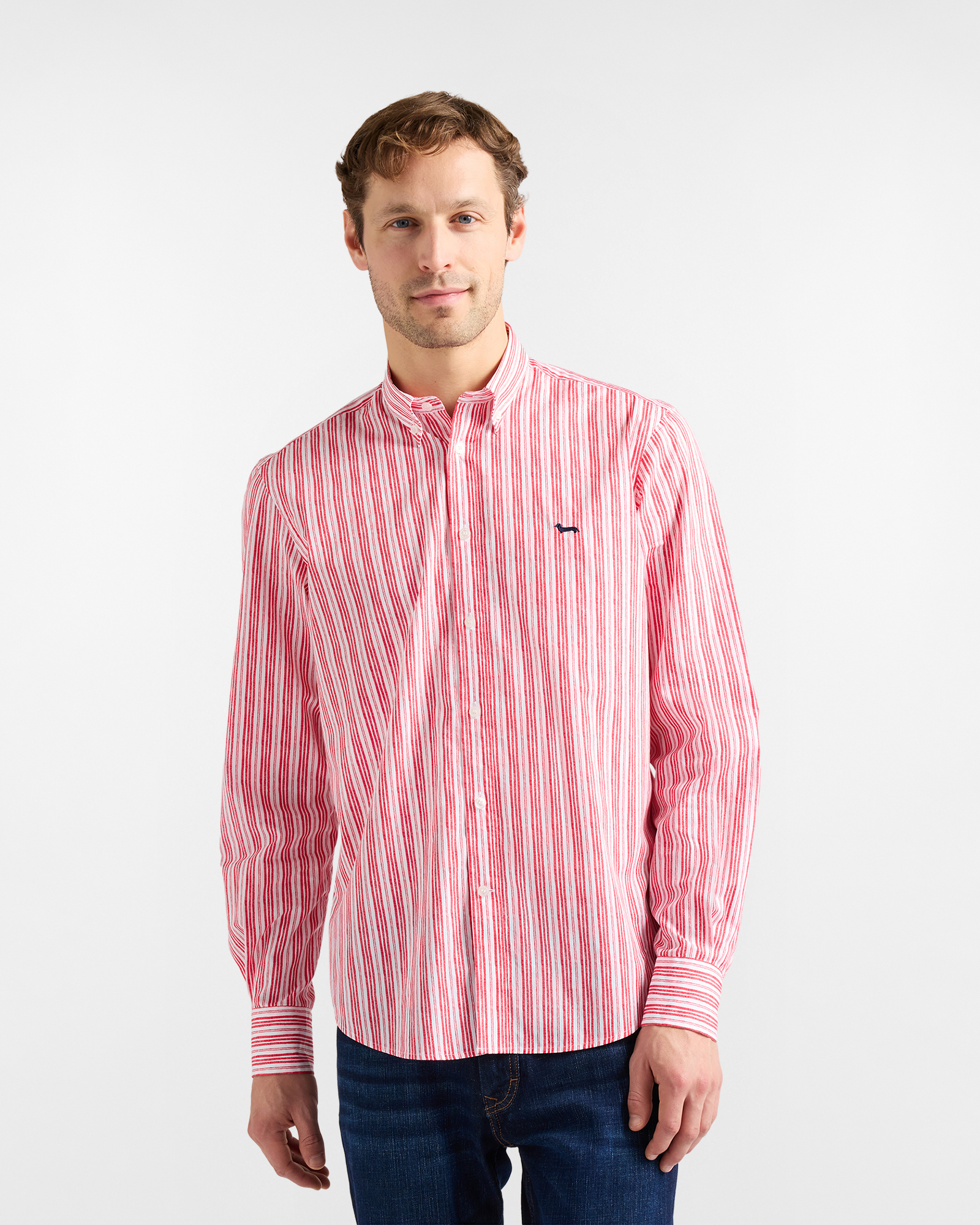 Camicia stampa righe acquerellate, Uomo, Rosso, Taglia: S