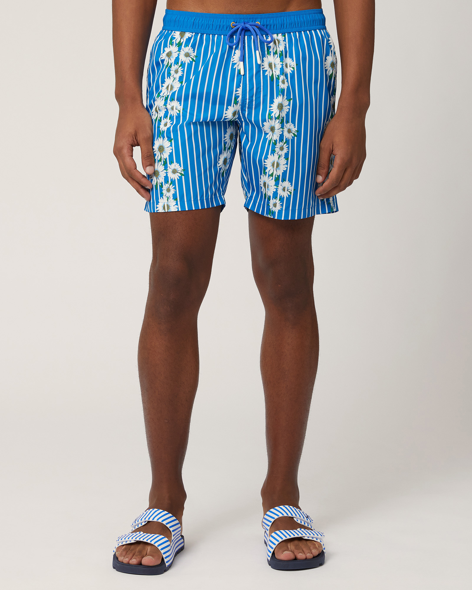 Swim Trunks with Stripes and Daisies