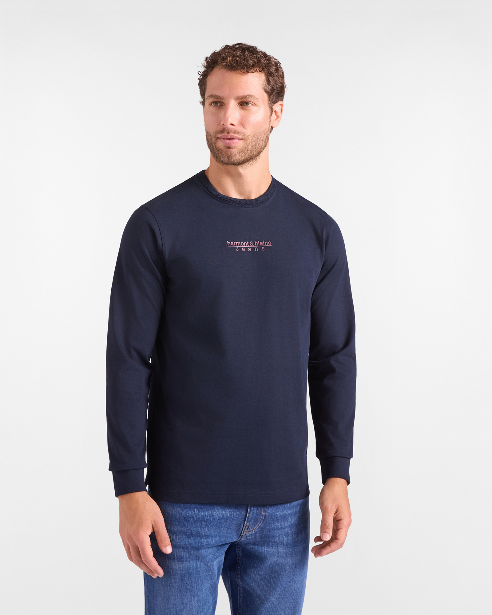 T-shirt HBJ Uomo a Manica Lunga in Puro Cotone, BLU SCURO, large