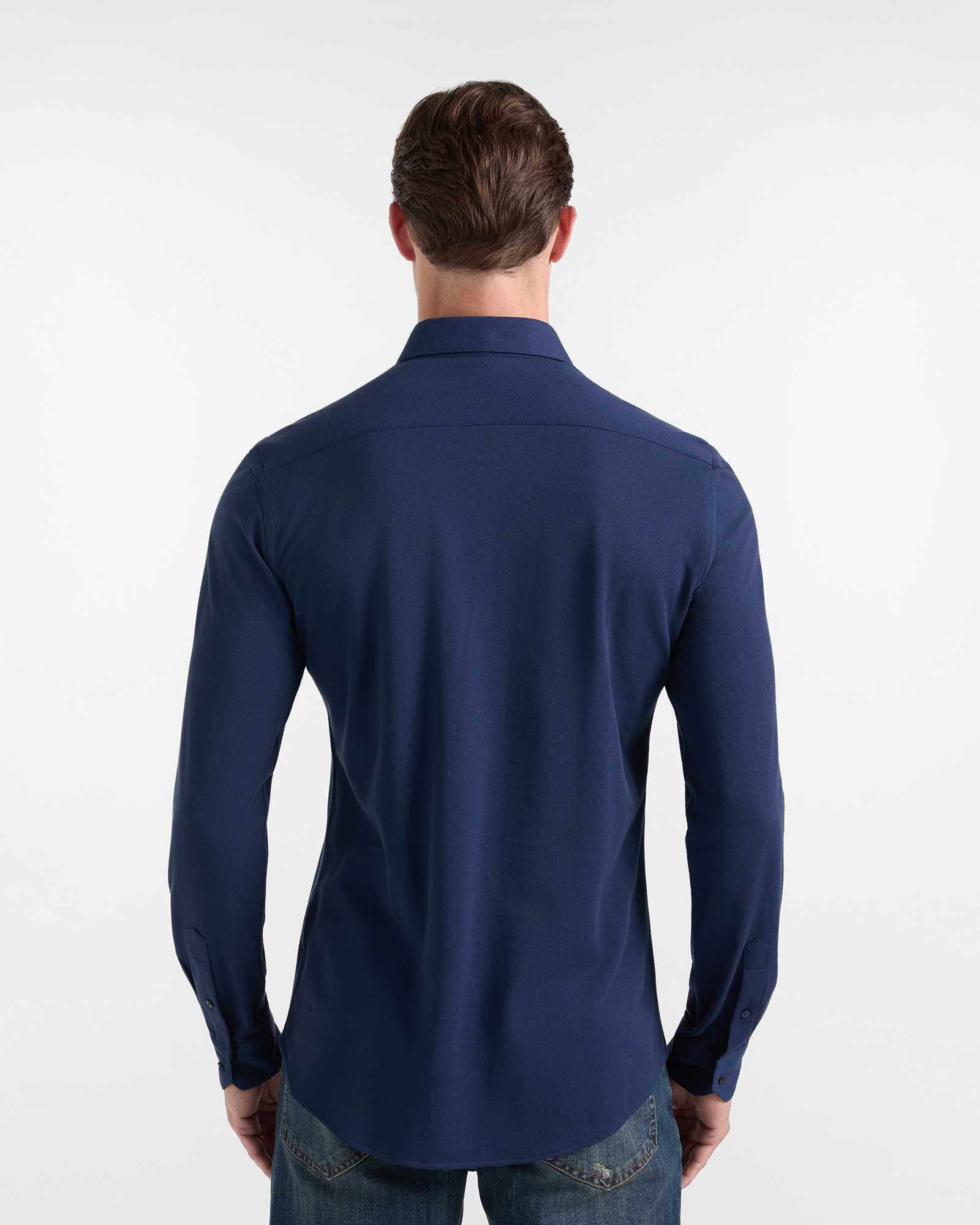 Men's narrow-fit shirt in solid dark  piqu&eacute;, NAVY BLUE, large image number 2