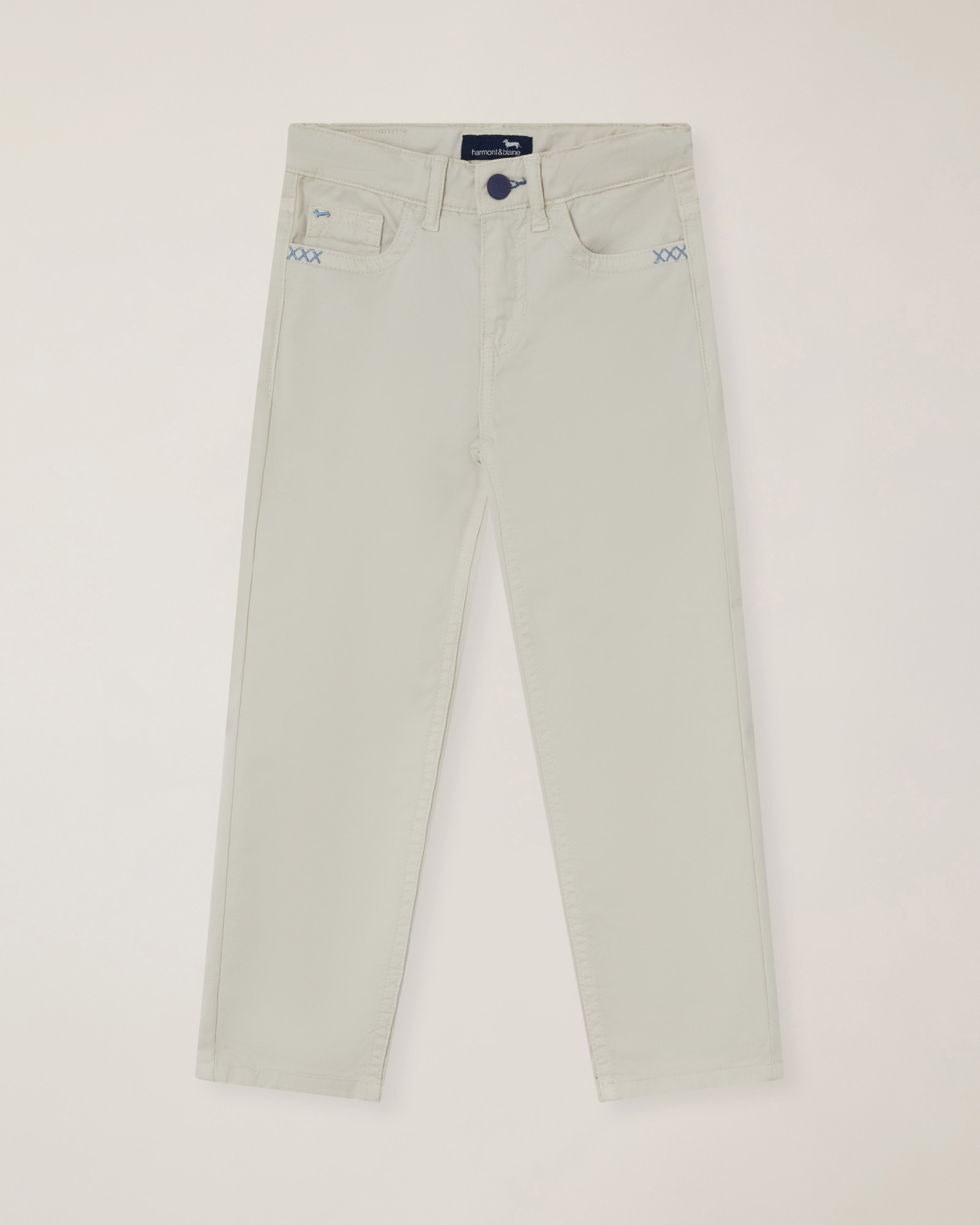 Stretch gabardine 5-pocket pants with patch