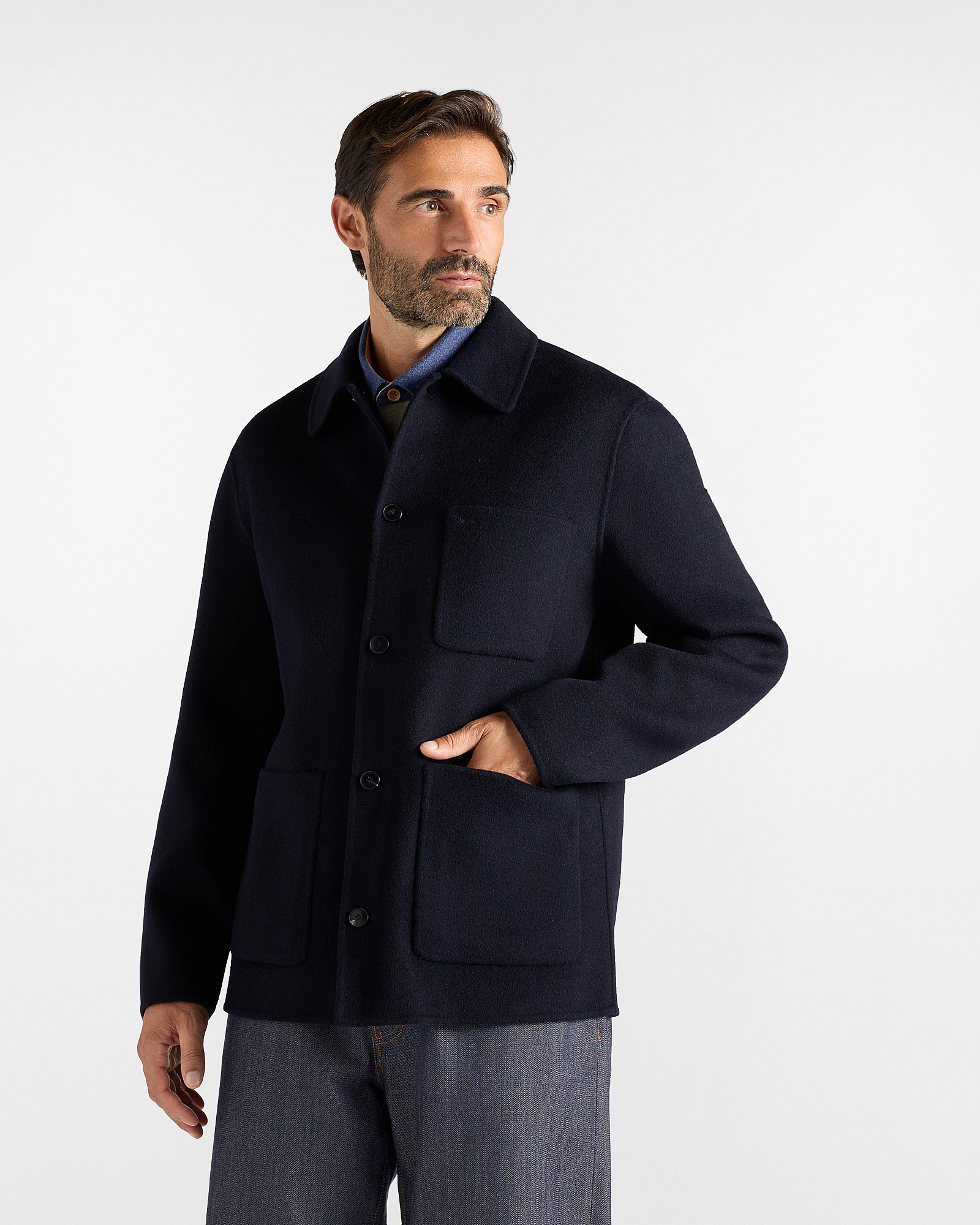 Men&rsquo;s blue boxy pure wool overshirt