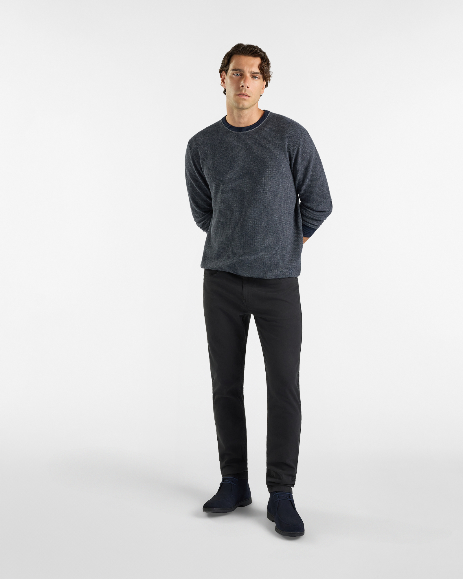 Maglia Girocollo HBJ Uomo punto misto in lana e cashmere, BLU SCURO, large