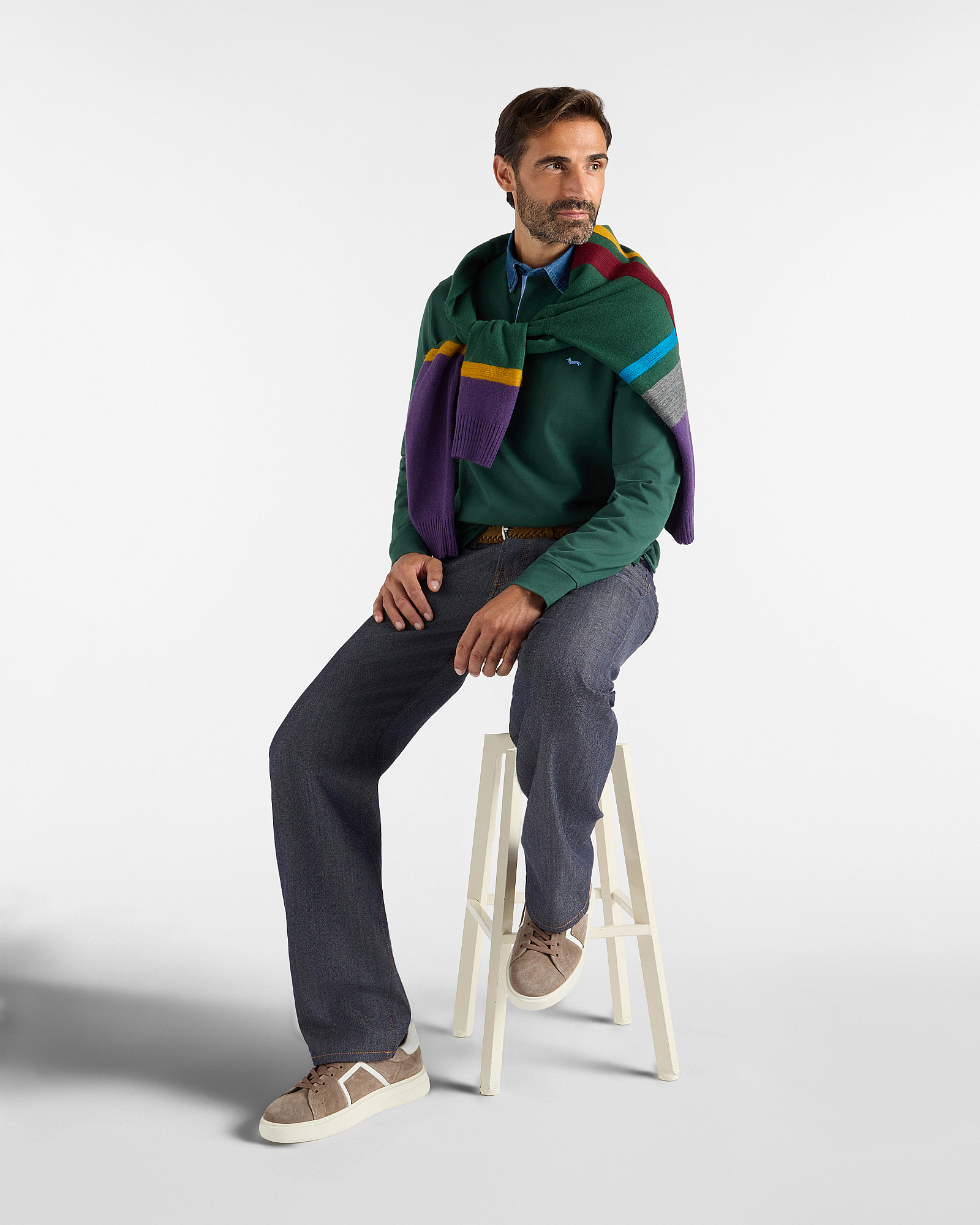 Men&rsquo;s long-sleeved polo shirt in green 100% pure cotton brushed jersey, BOTTLE GREEN, large image number 3