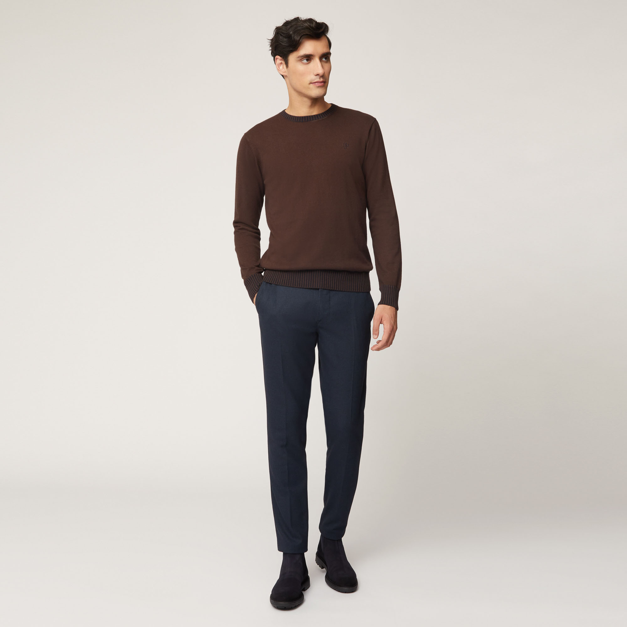 Pullover Girocollo In Cotone E Lana Con Dettagli A Costine, Marrone Scuro, large image number 3