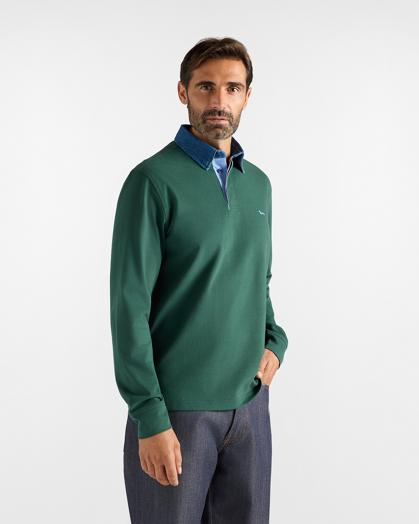 Men&rsquo;s long-sleeved polo shirt in green 100% pure cotton brushed jersey