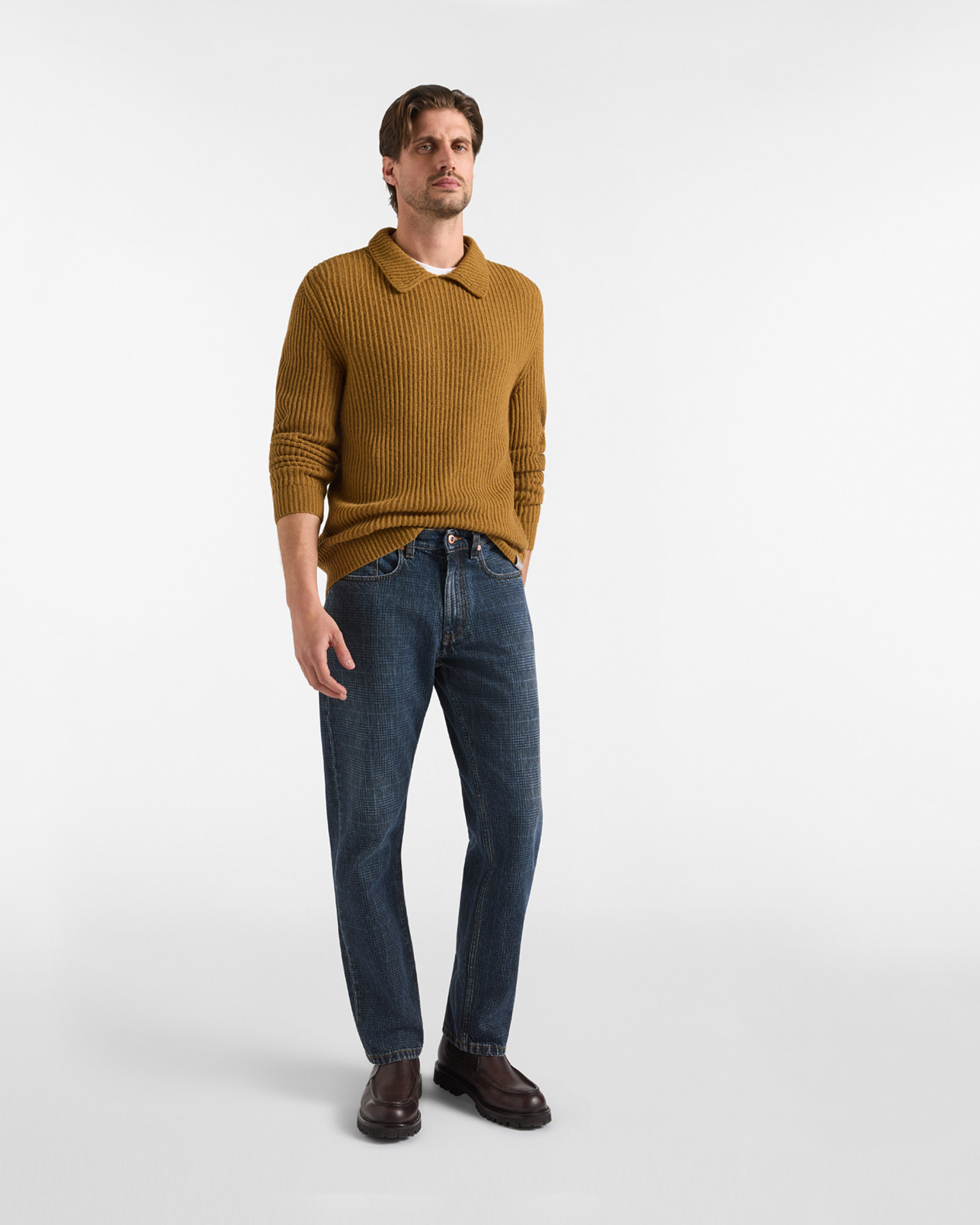 Pul&oacute;ver Hombre con cuello polo abotonado en mezcla de lana Regular Fit Made in Italy, MARR&Oacute;N OSCURO, large