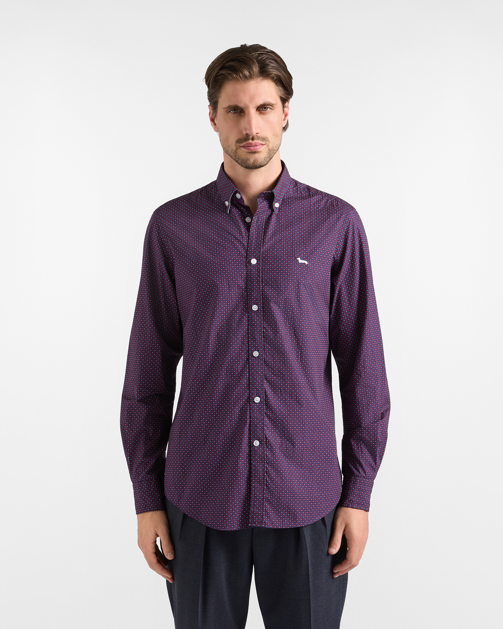 Men's regular-fit red poplin shirt with geometric micro-print