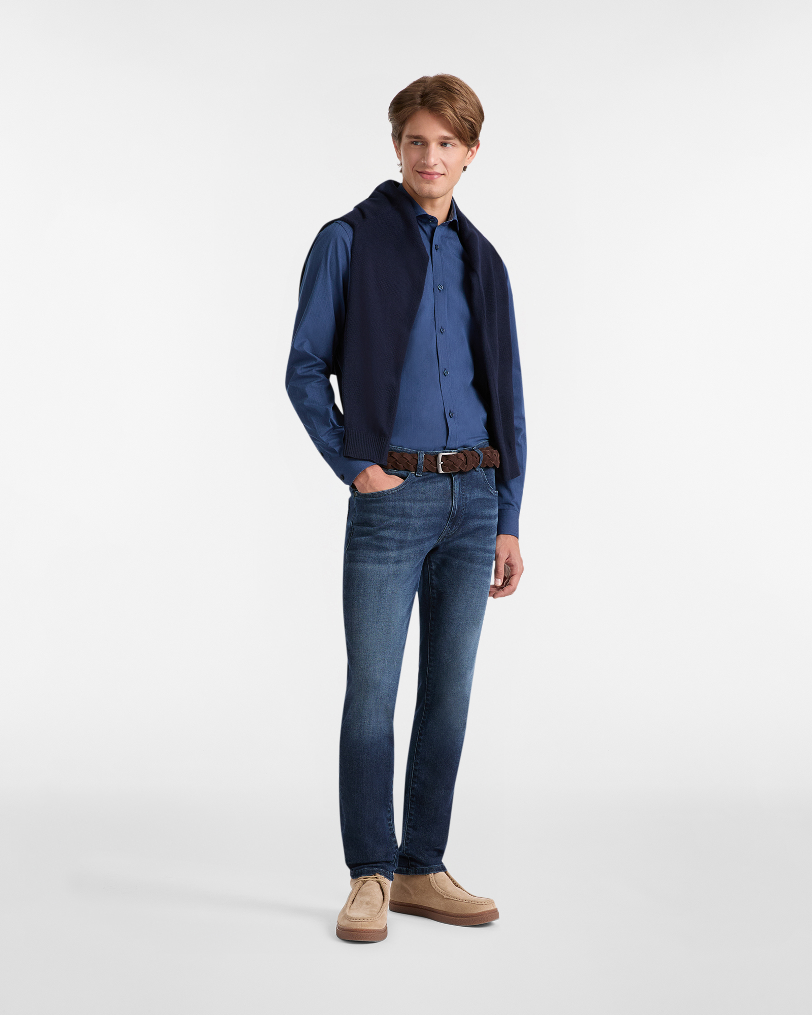 Cotton Shirt with Micro-Texture and French Collar, Dark Blue, large image number 3