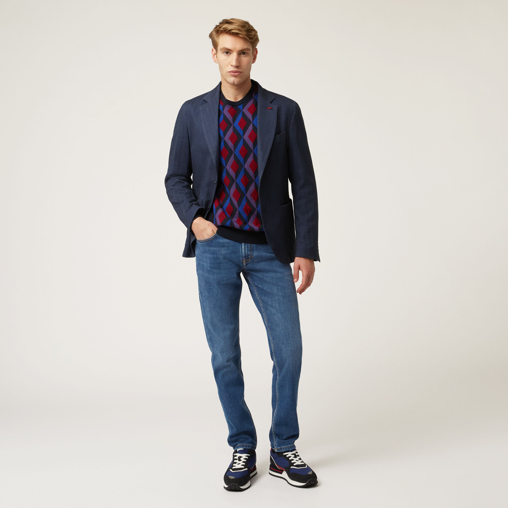 Wool And Cotton Crew-Neck Pullover With Argyle Pattern, Blue, large image number 3