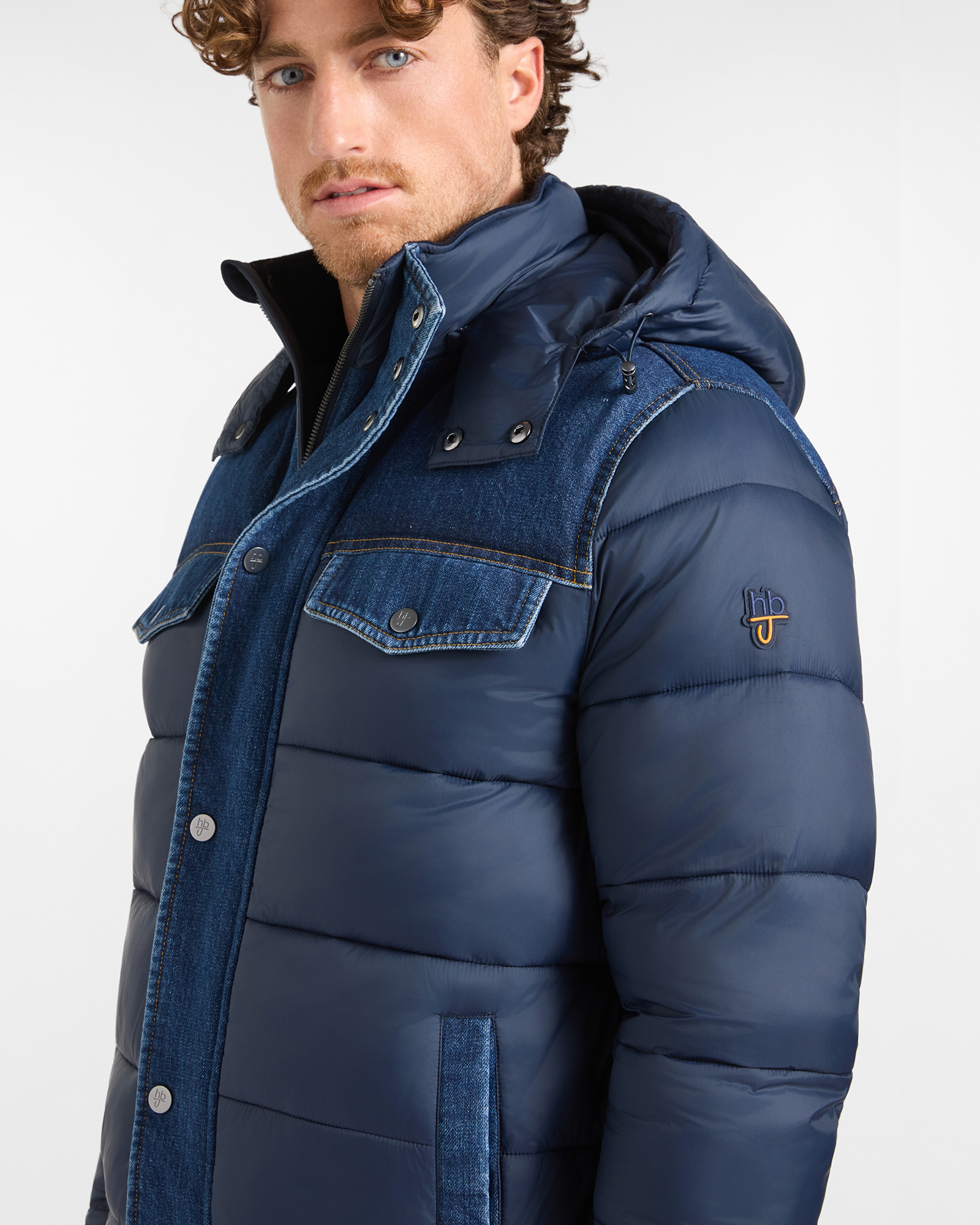 Giubbino HBJ Uomo Imbottito in Nylon e Denim, BLU DENIM, large