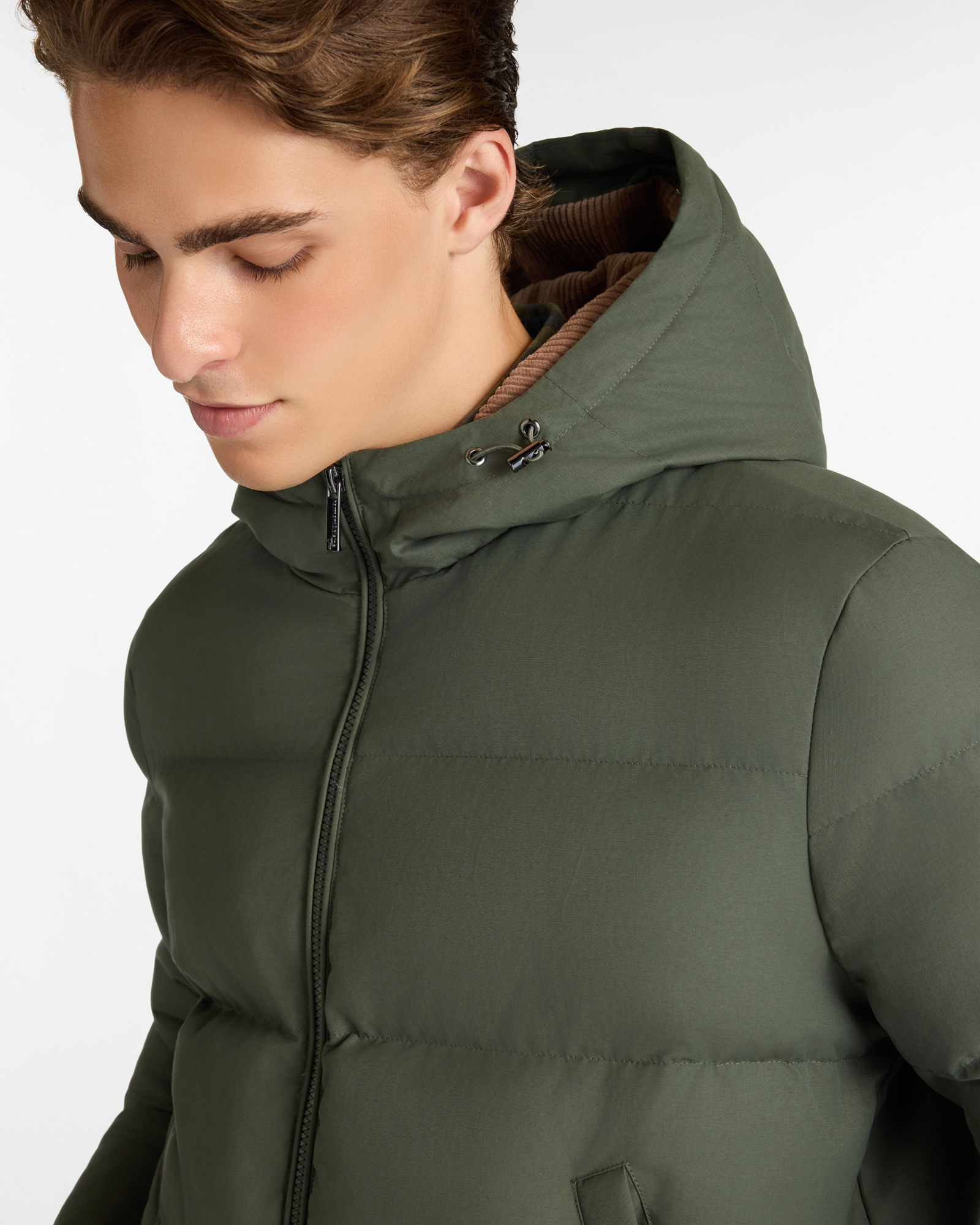 Long Quilted Down Jacket with Hood and Velvet Interior Details, Olive Green, large image number 2