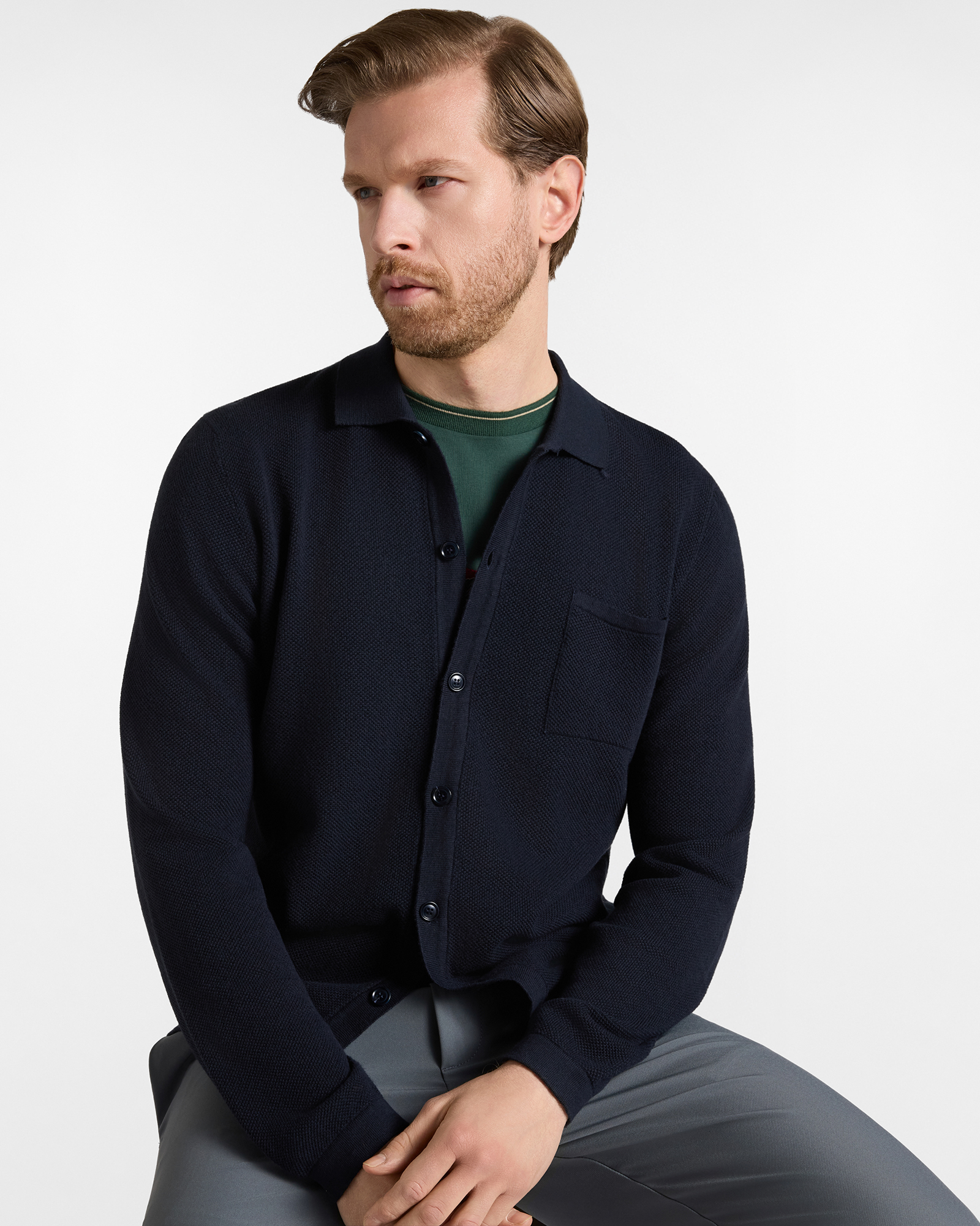 Men's Made in Italy buttoned polo shirt collar sweater in  wool and cotton blend with regular fit, NAVY BLUE, large image number 2