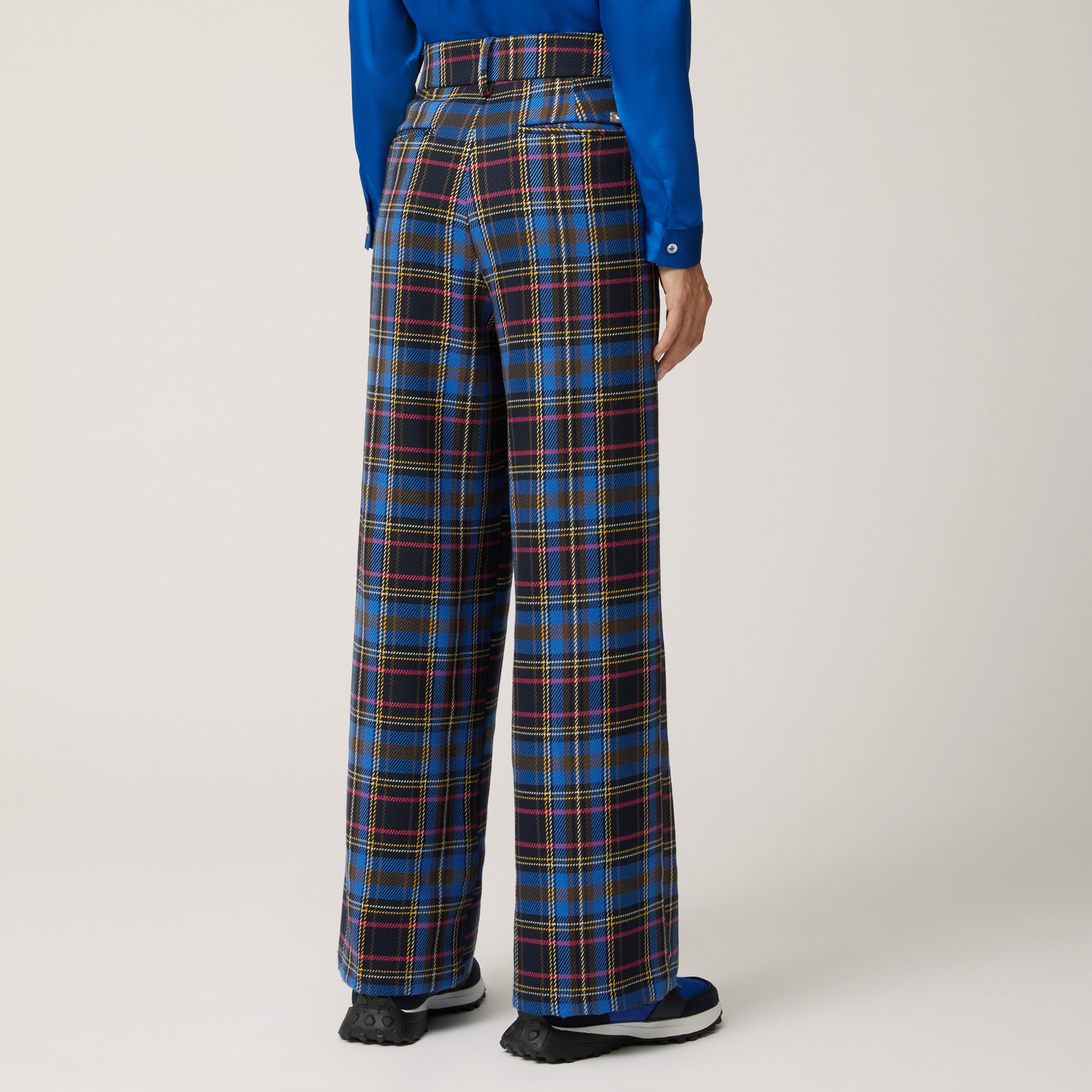 High-Waist Pants With Chequered Pattern, Blue, large