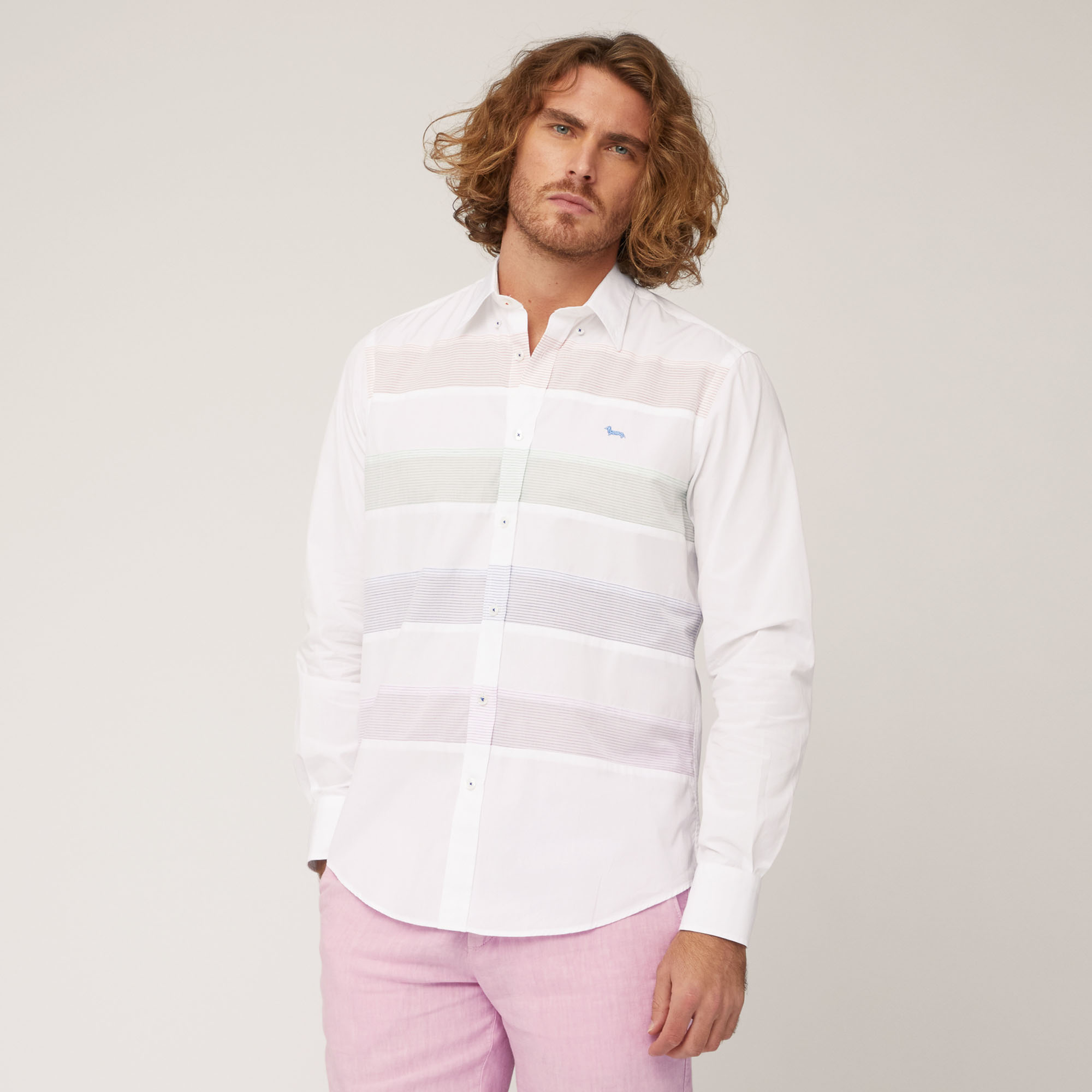 Cotton Shirt with Striped Bands, White, large image number 0