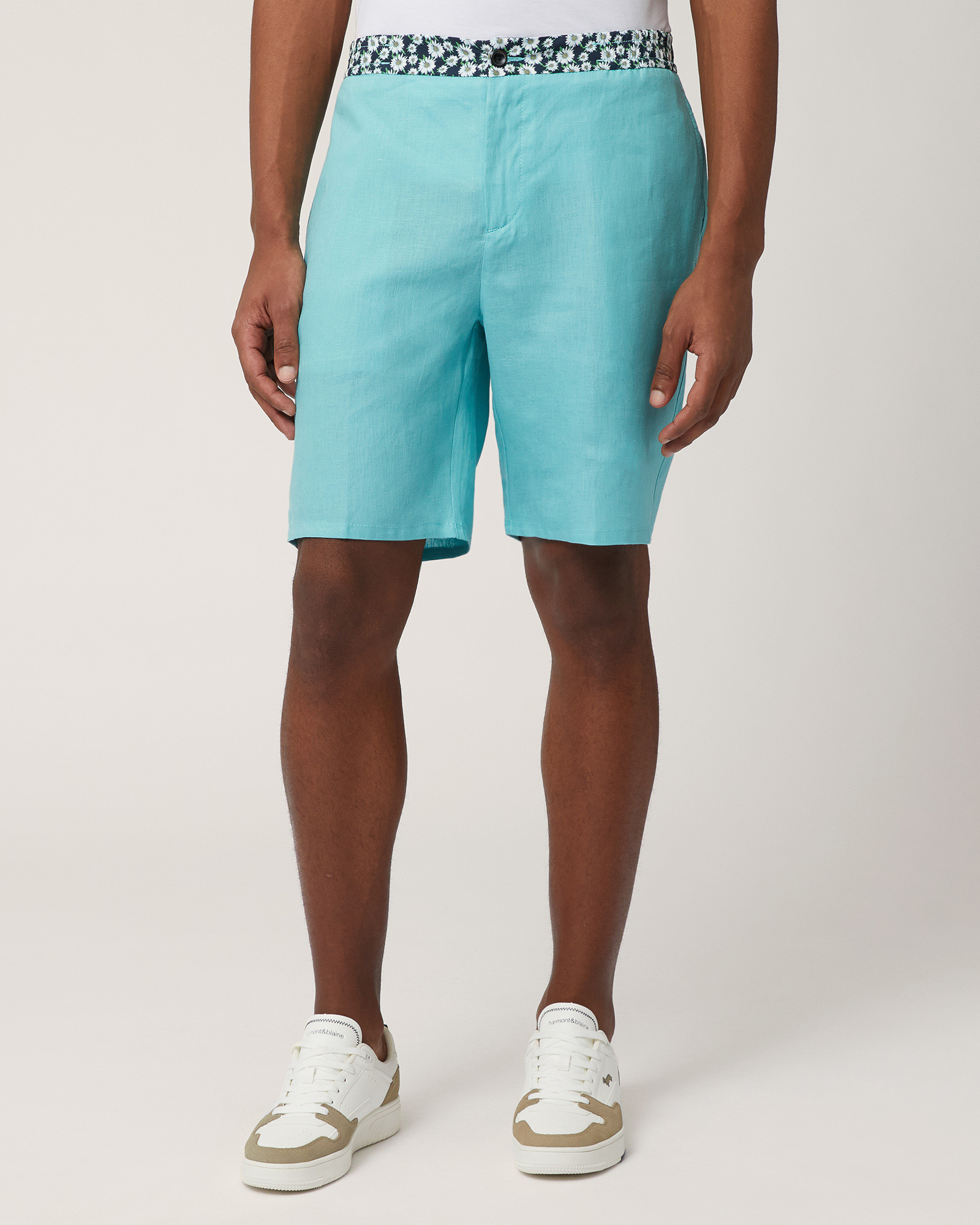 Linen Bermuda Shorts with Daisies, Turquoise, large image number 0