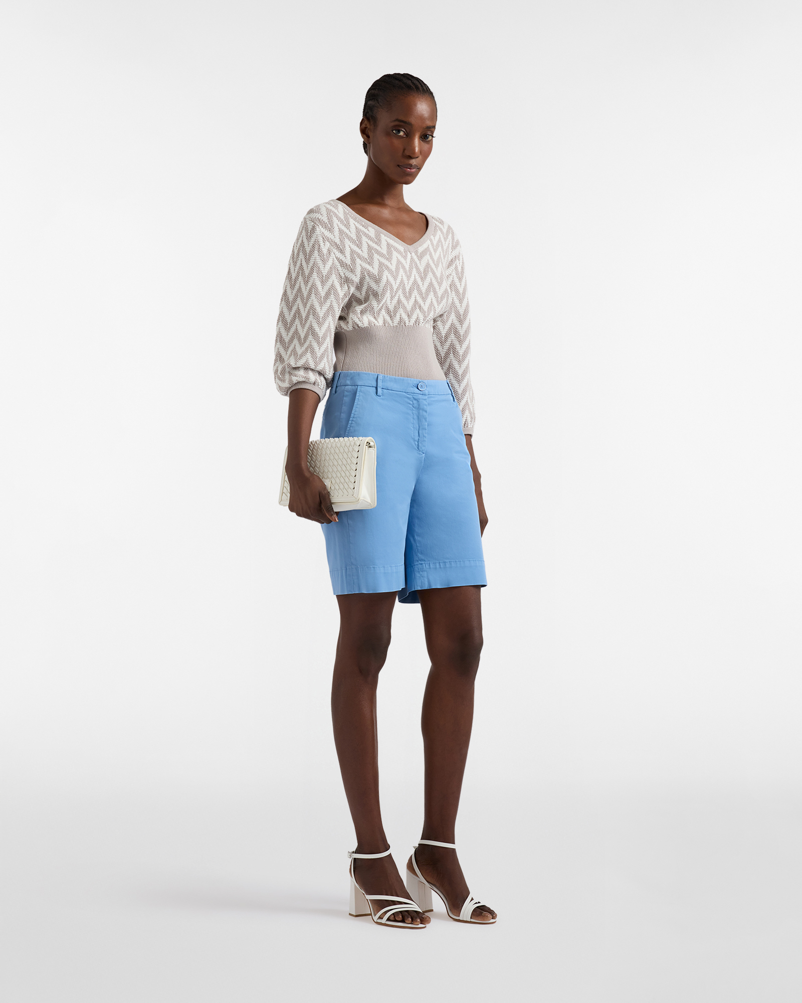 Women's stretch cotton Bermuda shorts with slant pocket, Blue, large image number 3