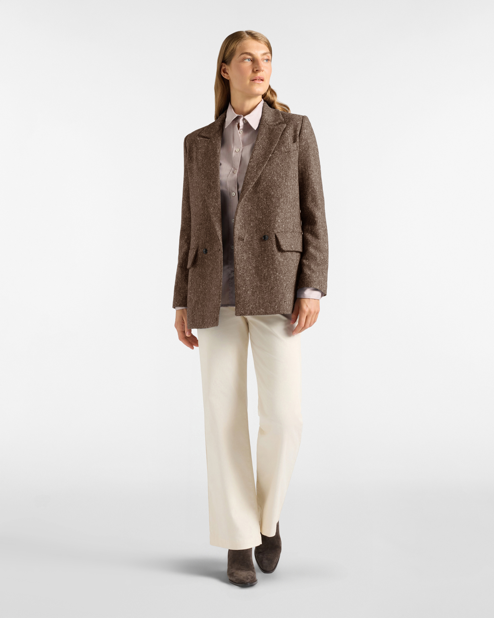 Women&rsquo;s double-breasted jacket in dark brown technical &lsquo;Capsule Qualit&agrave; a Colori&rsquo;, DARK BROWN, large