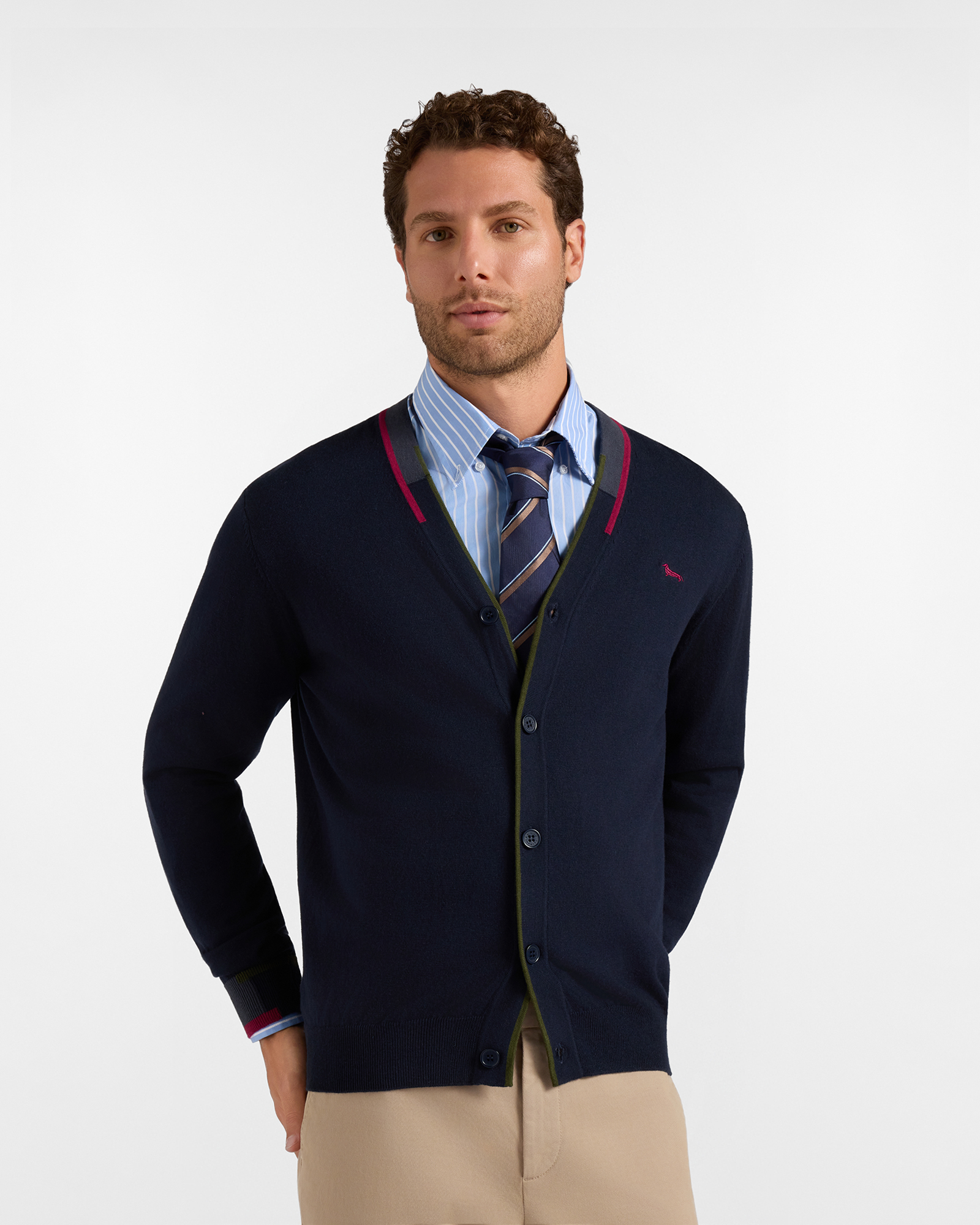 C&aacute;rdigan Hombre con cuello de pico c&aacute;rdigan en mezcla de lana y algod&oacute;n color azul Regular Fit