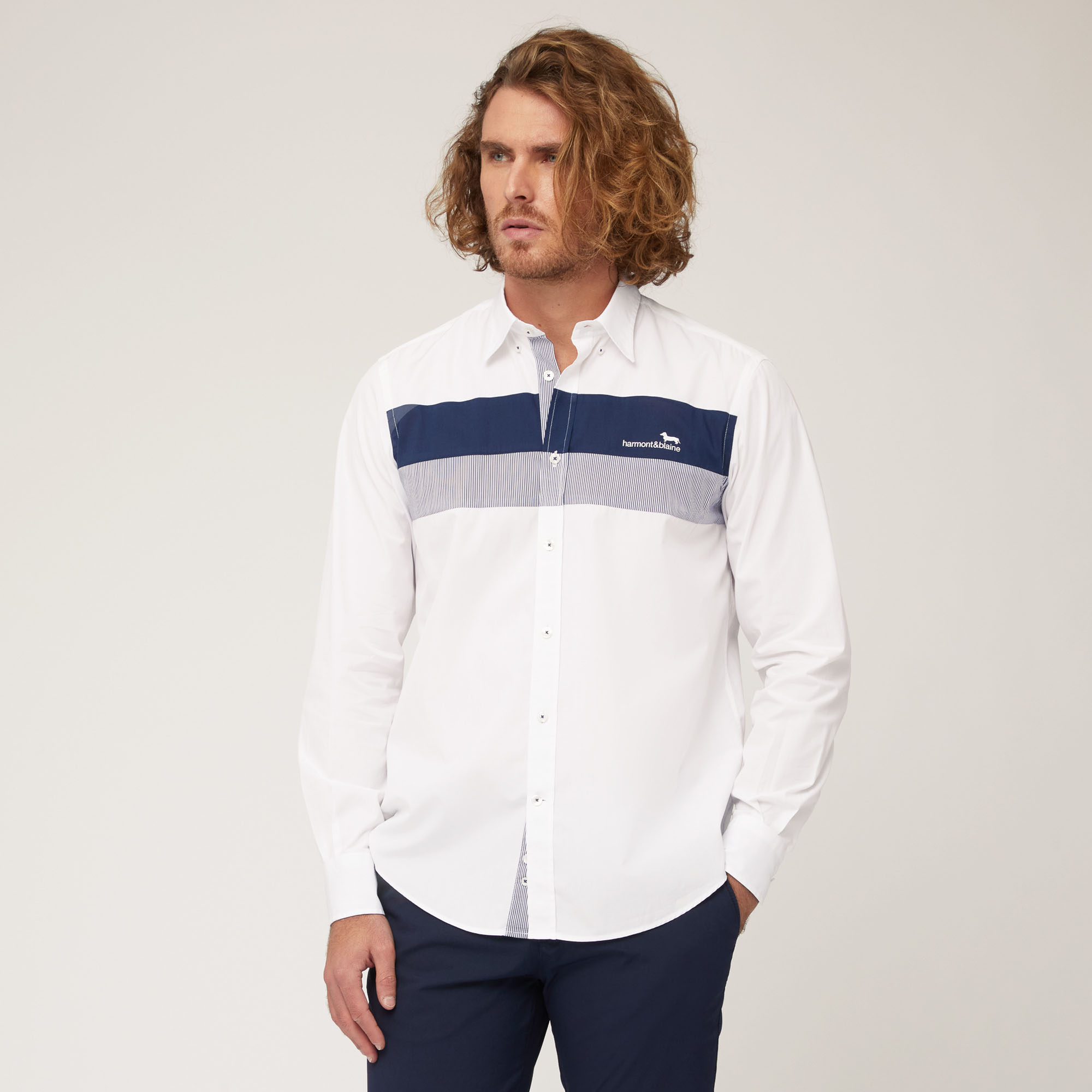 Cotton Shirt with Contrasting Bands and Logo, Blue, large image number 0