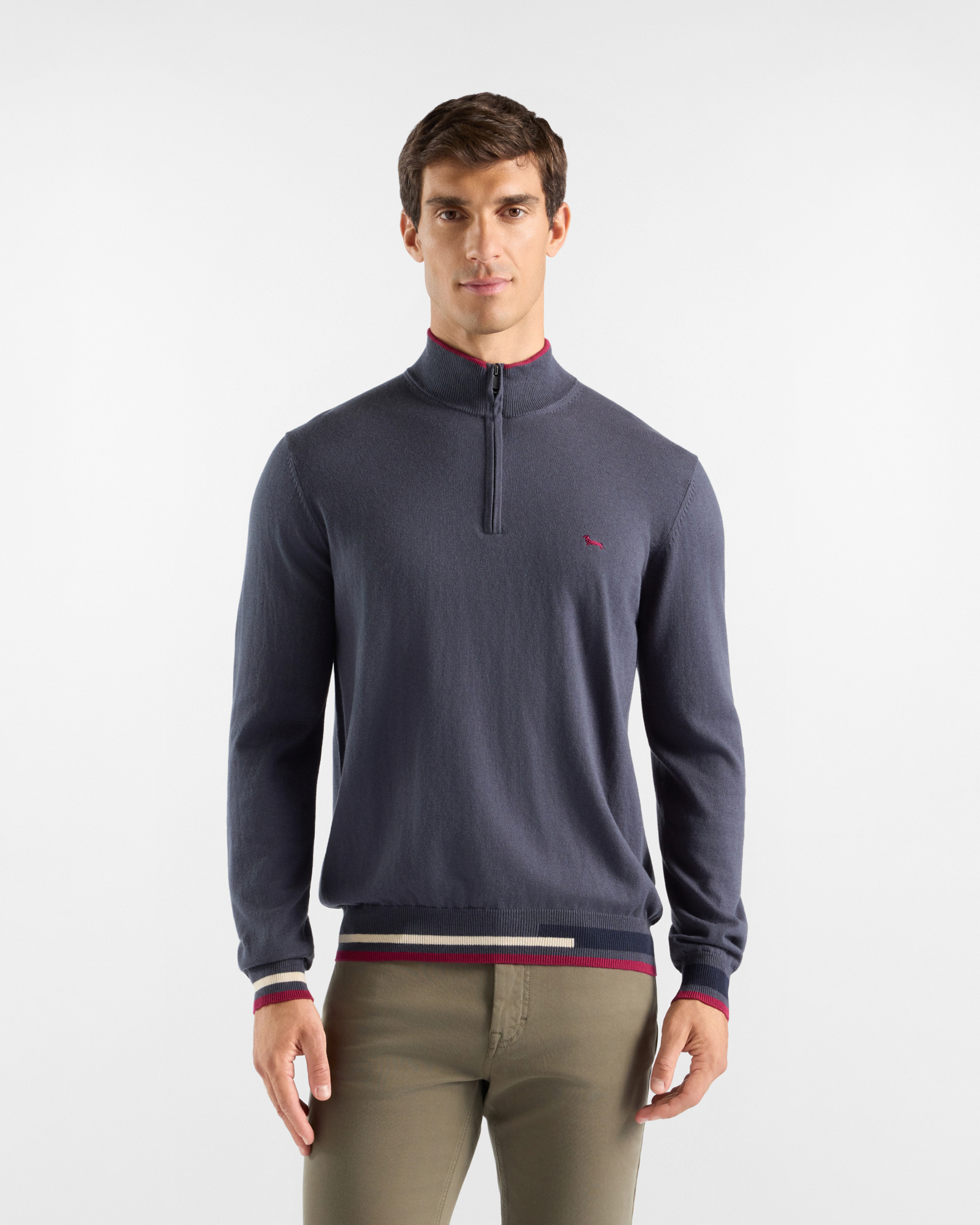 Men's regular fit sweater with half-zip stand-up collar in a gray wool and cotton blend