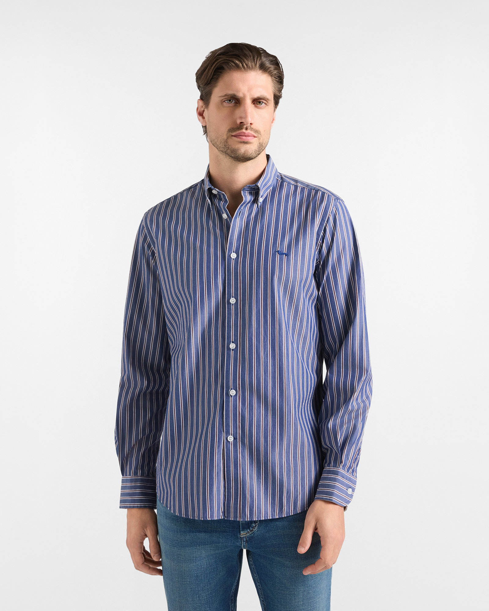Men's regular-fit dark blue shirt with regimental stripes