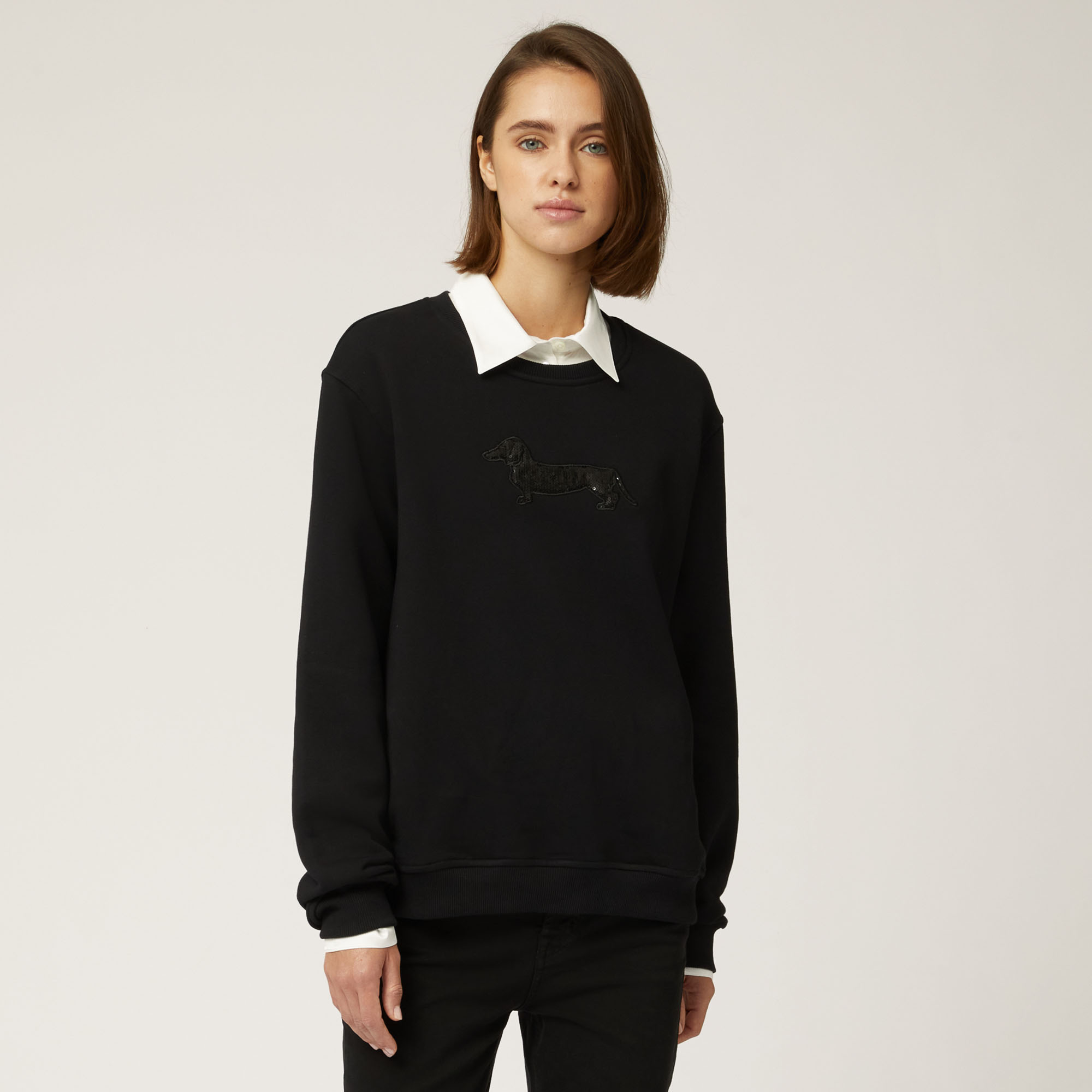 Sequined Dachshund Boxy Sweatshirt, Black, large